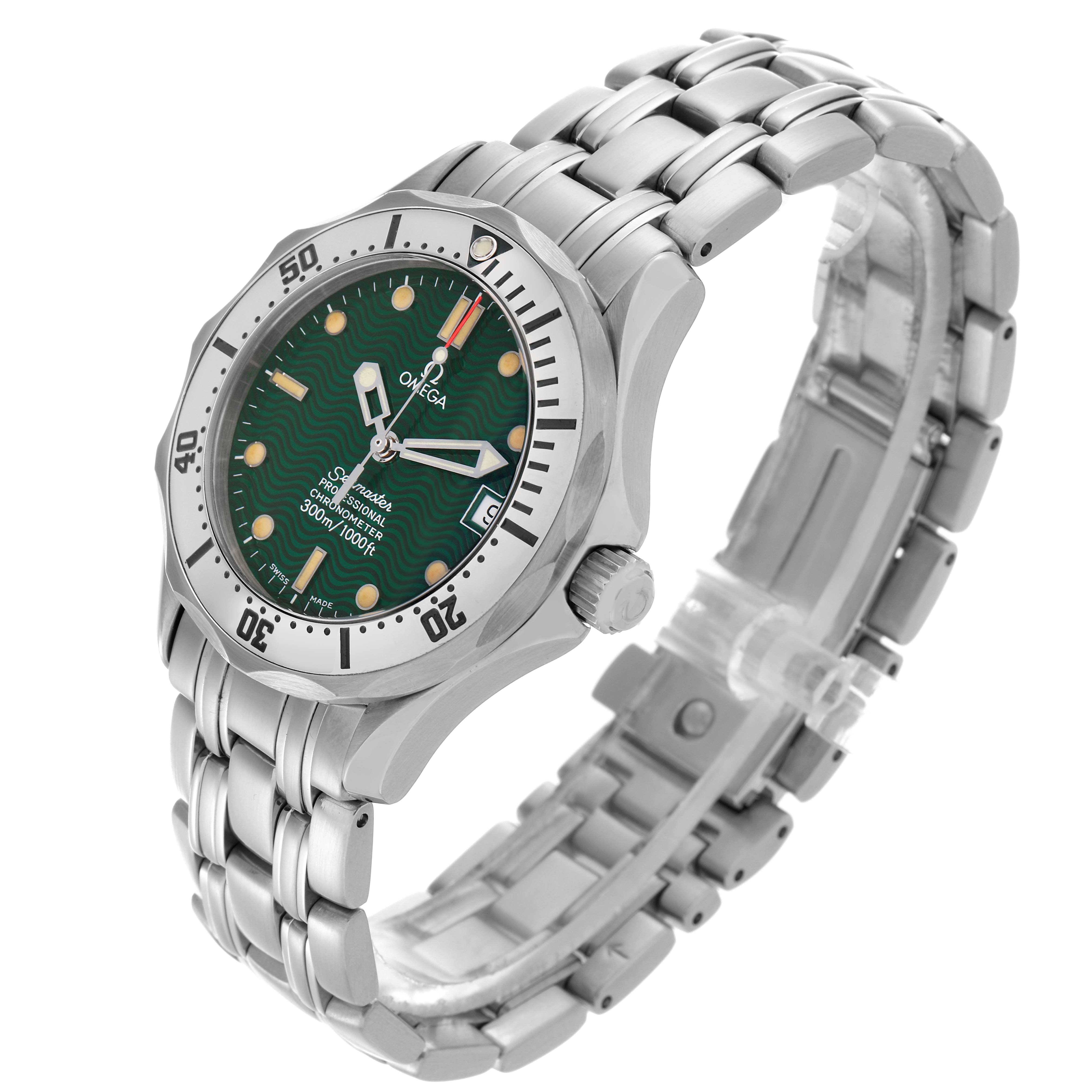 The Omega Seamaster 2553.41.00 Men's Stainless Steel Green Dial 2553.41.00 Men's Stainless Steel Green Dial watch is shown from an angled side view, displaying the face, bezel, crown, and bracelet.