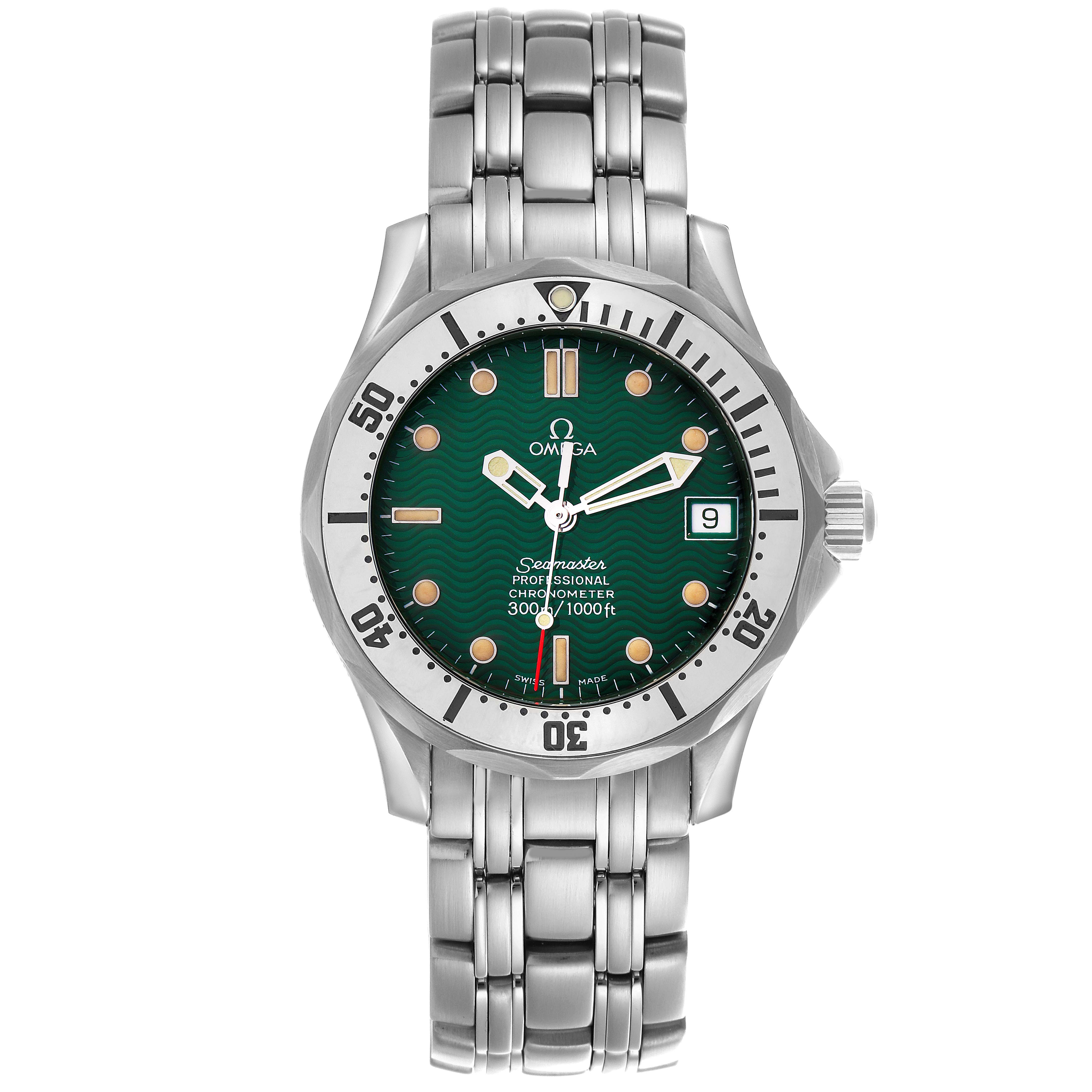 The Omega Seamaster 2553.41.00 Men's Stainless Steel Green Dial 2553.41.00 Men's Stainless Steel Green Dial watch is shown from the front, displaying the face, bezel, and bracelet clearly.
