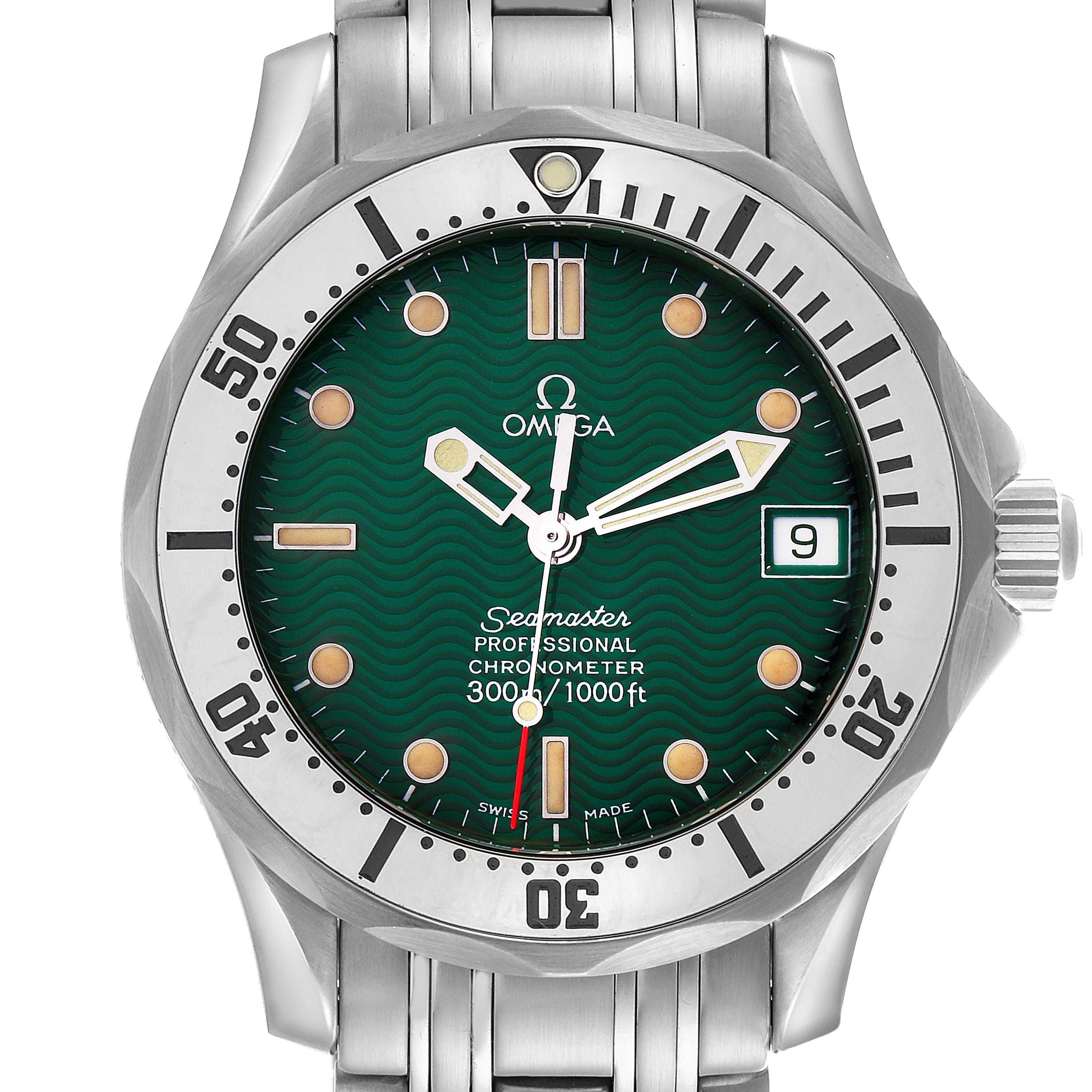 The Omega Seamaster 2553.41.00 Men's Stainless Steel Green Dial 2553.41.00 Men's Stainless Steel Green Dial watch is shown from a front angle, displaying its green dial, bezel, and part of the metal bracelet.