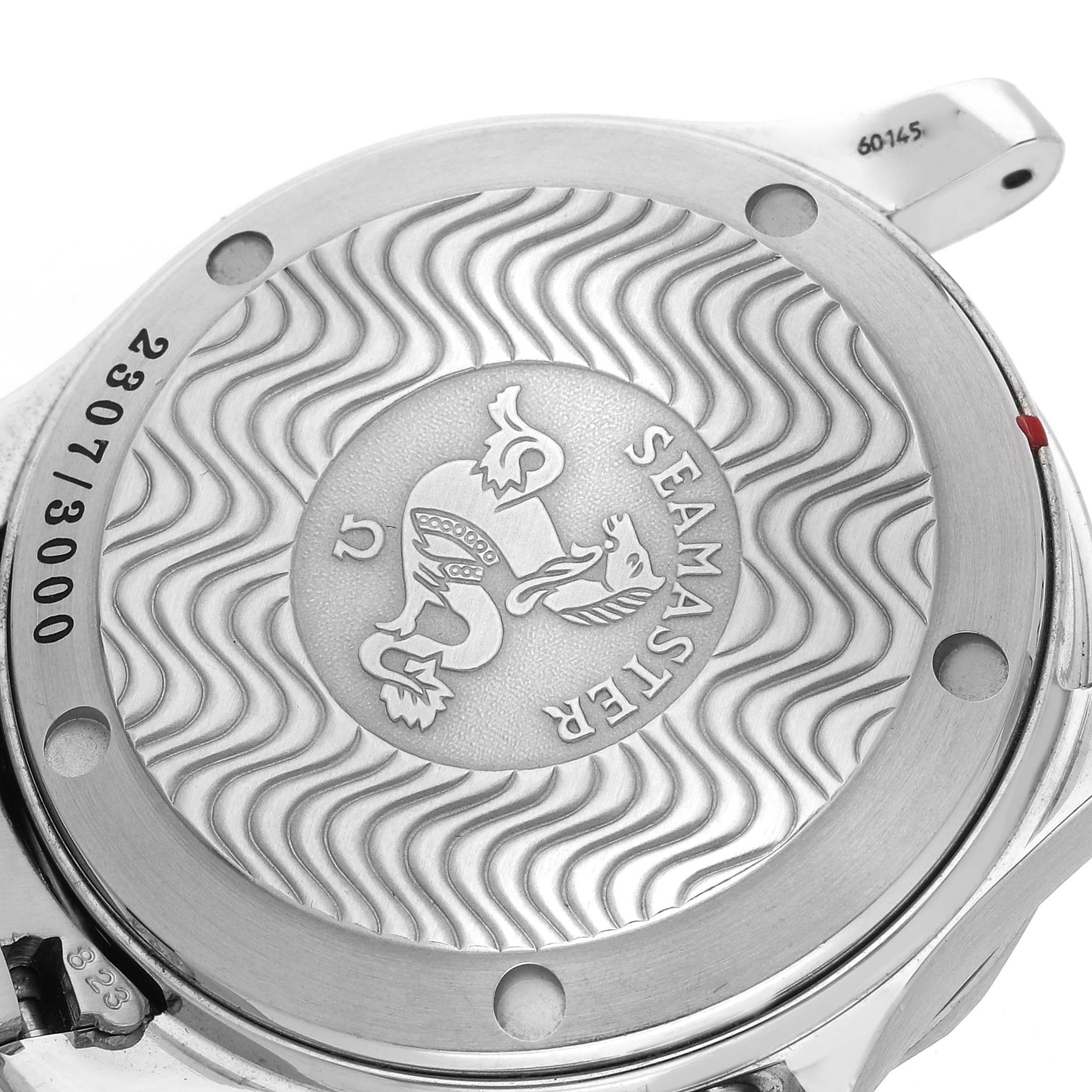 The image shows the case back of an Omega Seamaster 2553.41.00 Men's Stainless Steel Green Dial 2553.41.00 Men's Stainless Steel Green Dial watch, highlighting intricate engravings and wave patterns.