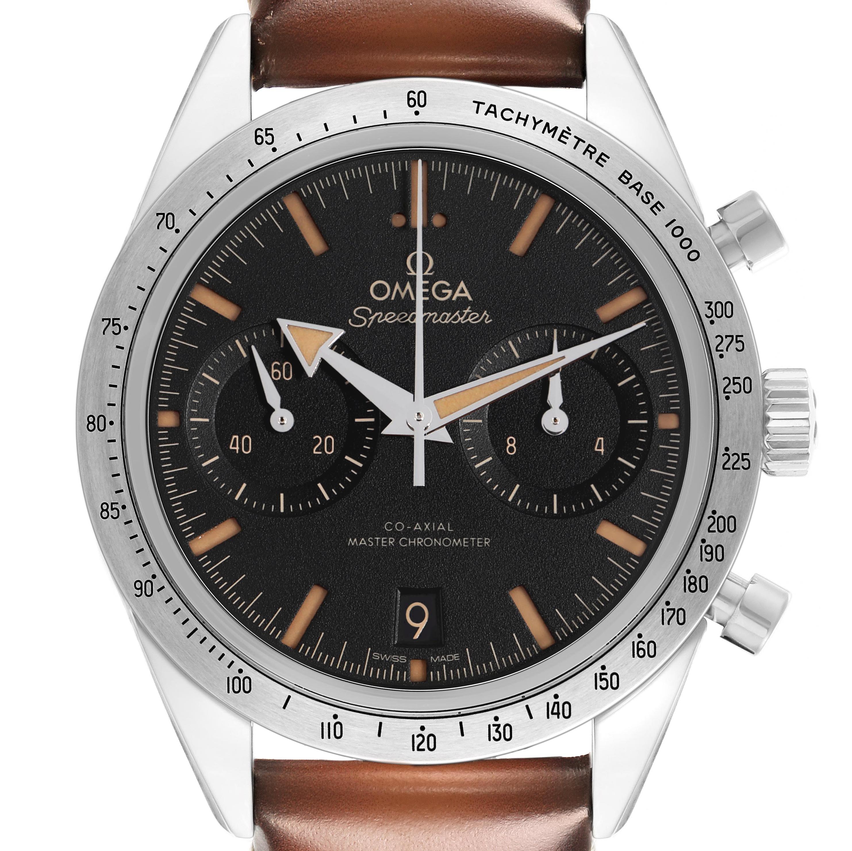 The Omega Speedmaster 332.12.41.51.01.001 Men's Stainless Steel Black Dial 332.12.41.51.01.001 Men's Stainless Steel Black Dial watch is shown from the front, featuring the dial, tachymeter bezel, pushers, and crown.