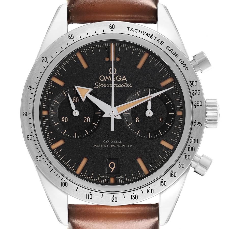 The Omega Speedmaster watch is shown from the front, featuring the dial, tachymeter bezel, pushers, and crown.