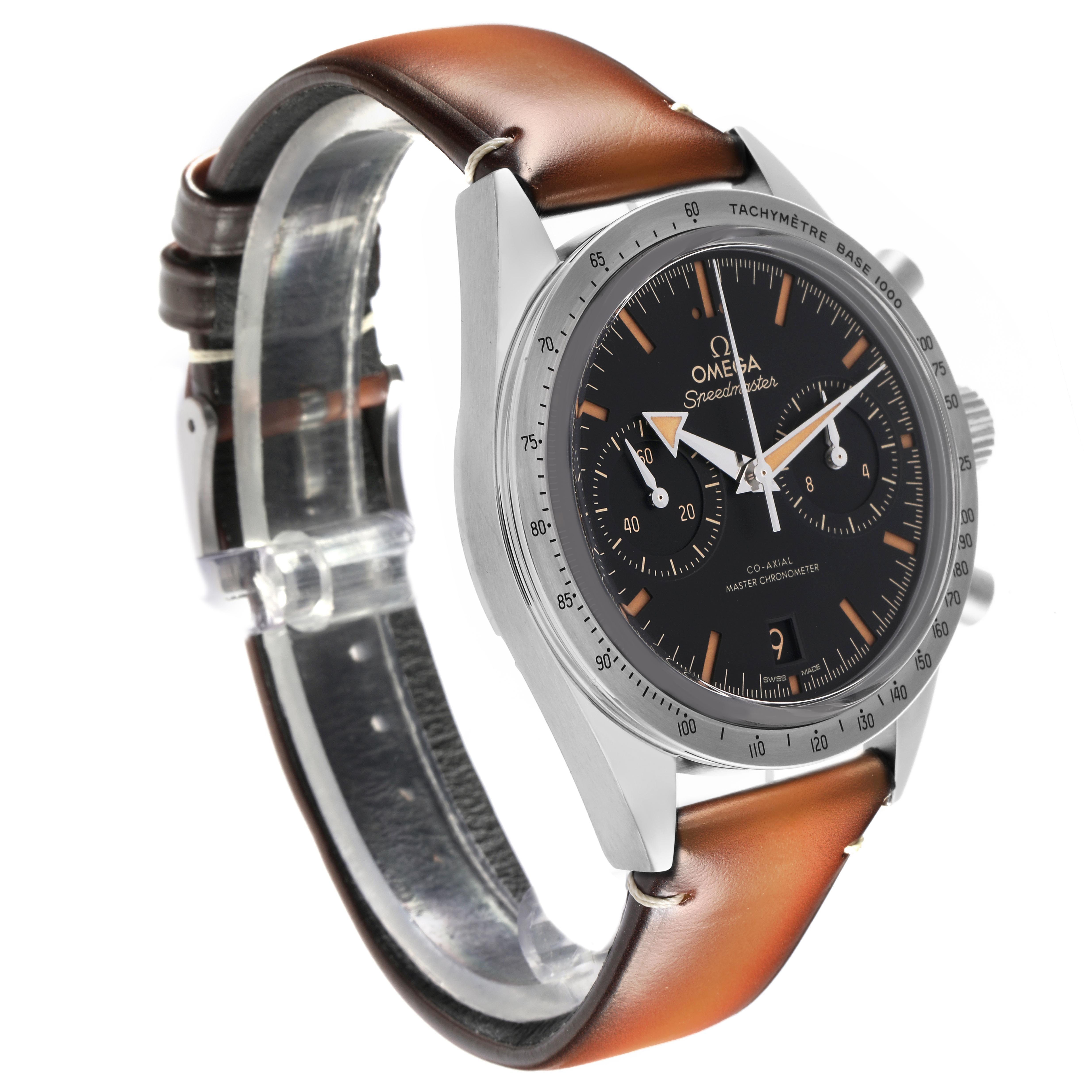 The Omega Speedmaster 332.12.41.51.01.001 Men's Stainless Steel Black Dial 332.12.41.51.01.001 Men's Stainless Steel Black Dial watch is shown at an angle highlighting its face, bezel, side pushers, and brown leather strap.