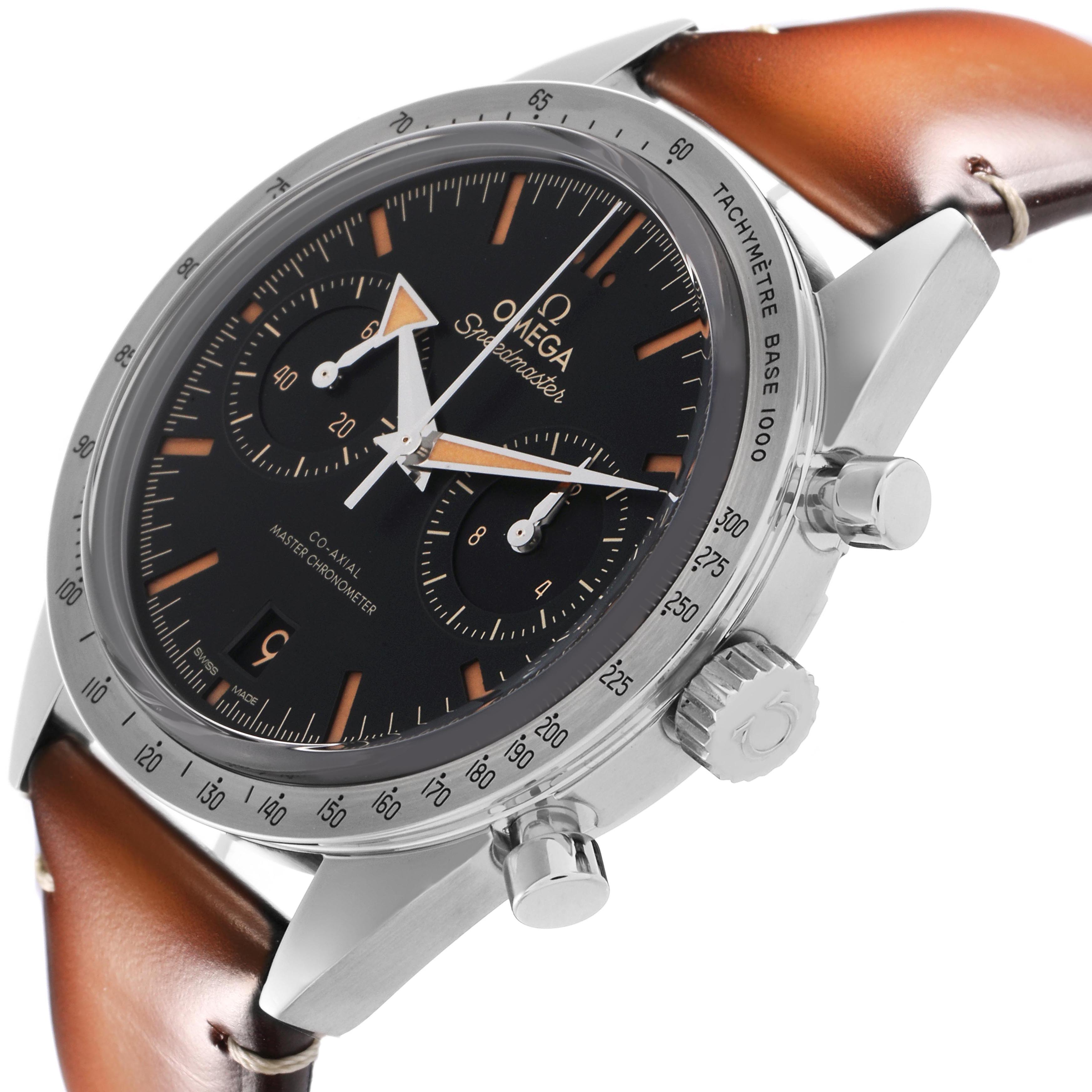 The image shows an Omega Speedmaster 332.12.41.51.01.001 Men's Stainless Steel Black Dial 332.12.41.51.01.001 Men's Stainless Steel Black Dial watch at an angled close-up, highlighting the dial, bezel, crown, and brown leather strap.