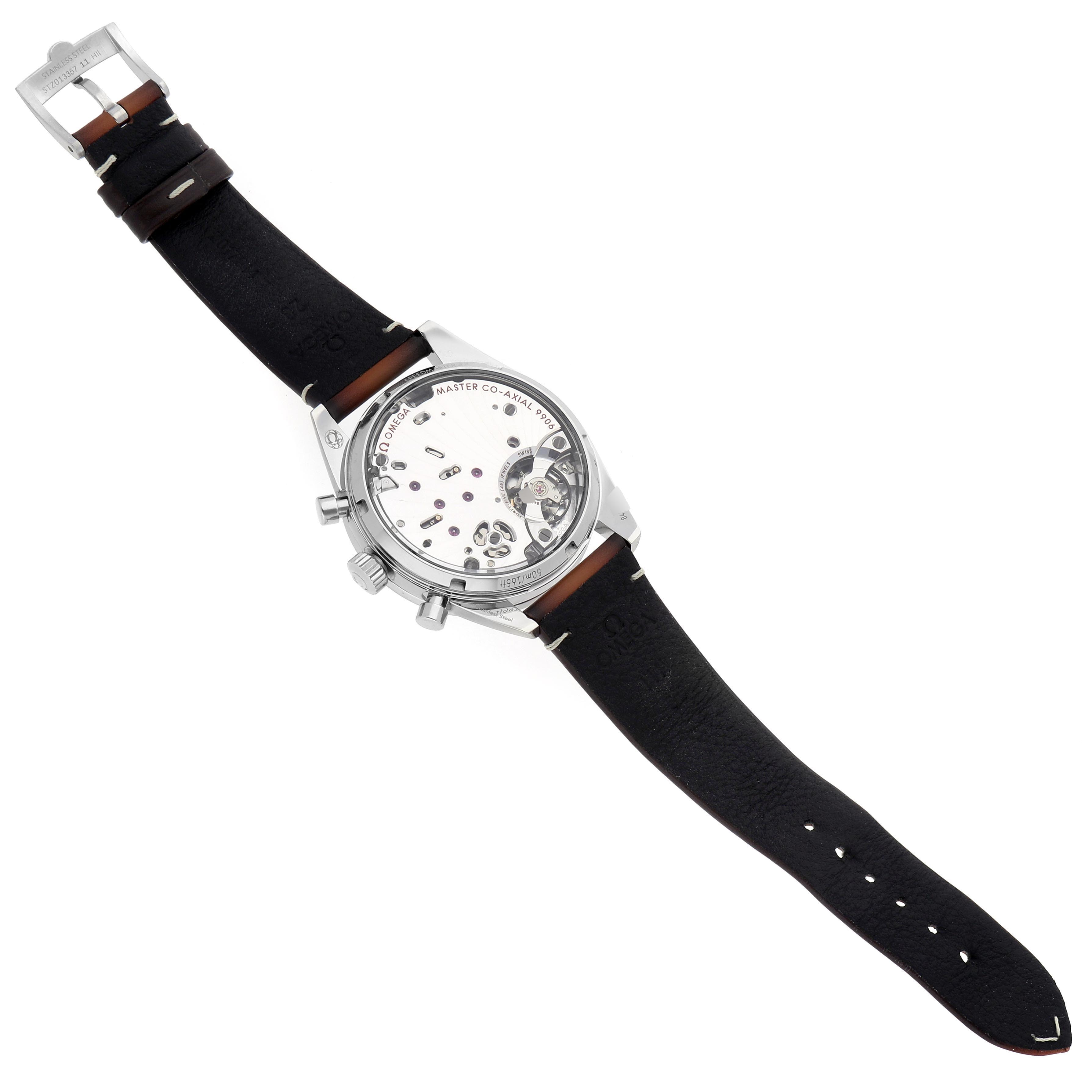 The image shows the back view of an Omega Speedmaster 332.12.41.51.01.001 Men's Stainless Steel Black Dial 332.12.41.51.01.001 Men's Stainless Steel Black Dial, highlighting its transparent case back and inner mechanisms.