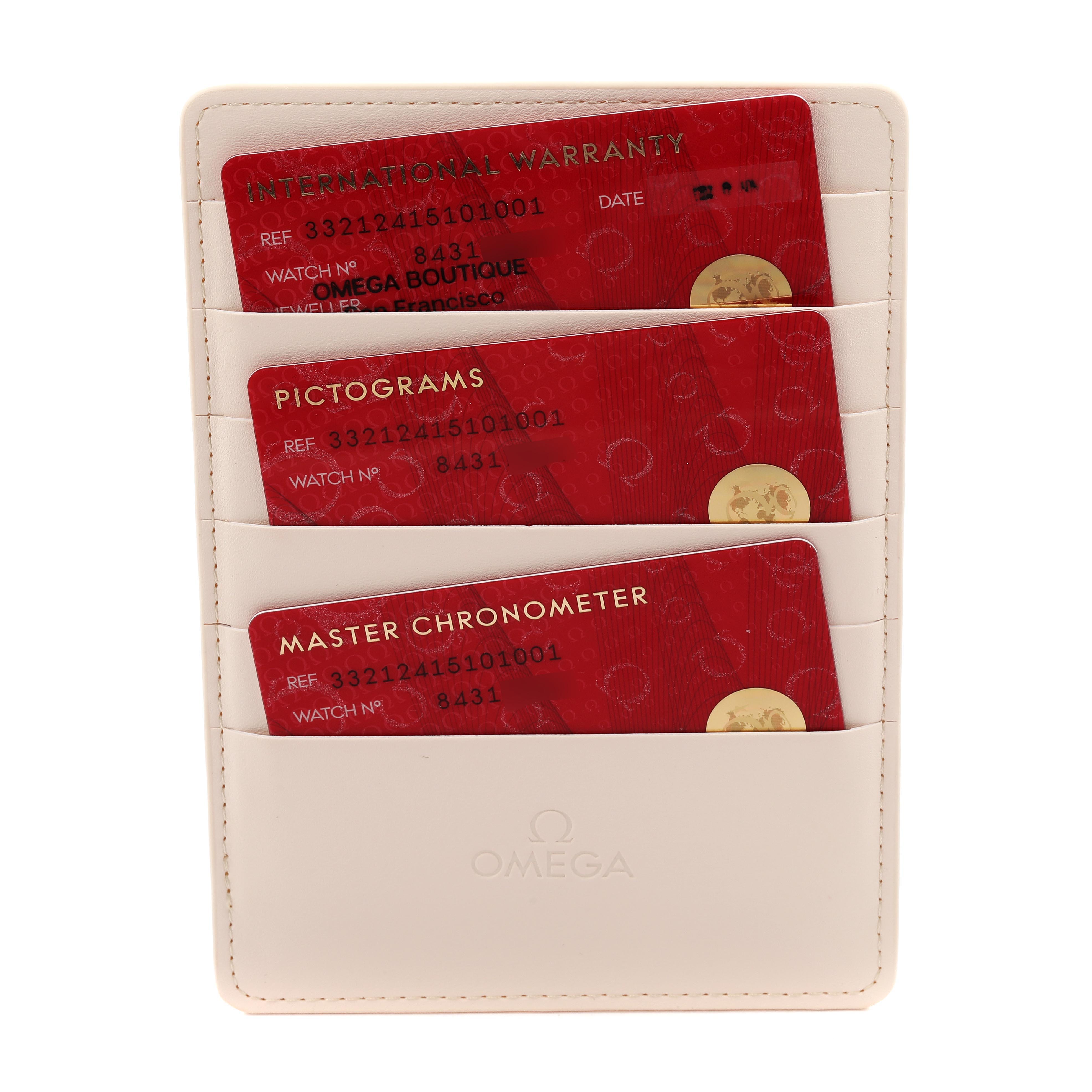 The image shows Omega Speedmaster 332.12.41.51.01.001 Men's Stainless Steel Black Dial 332.12.41.51.01.001 Men's Stainless Steel Black Dial watch documents, including warranty, pictograms, and master chronometer cards.