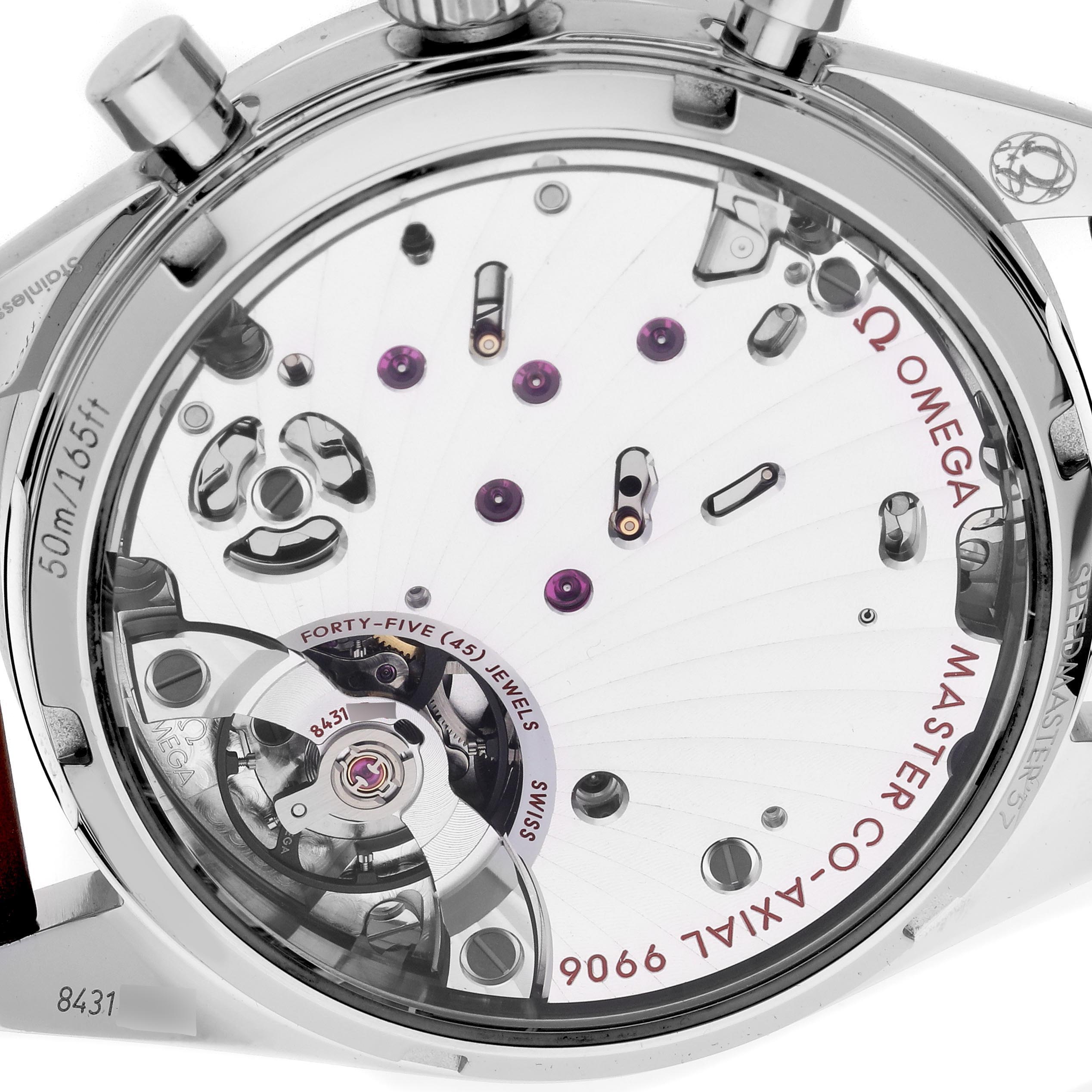 The image shows the back view of the Omega Speedmaster 332.12.41.51.01.001 Men's Stainless Steel Black Dial 332.12.41.51.01.001 Men's Stainless Steel Black Dial, highlighting the movement and internal components.