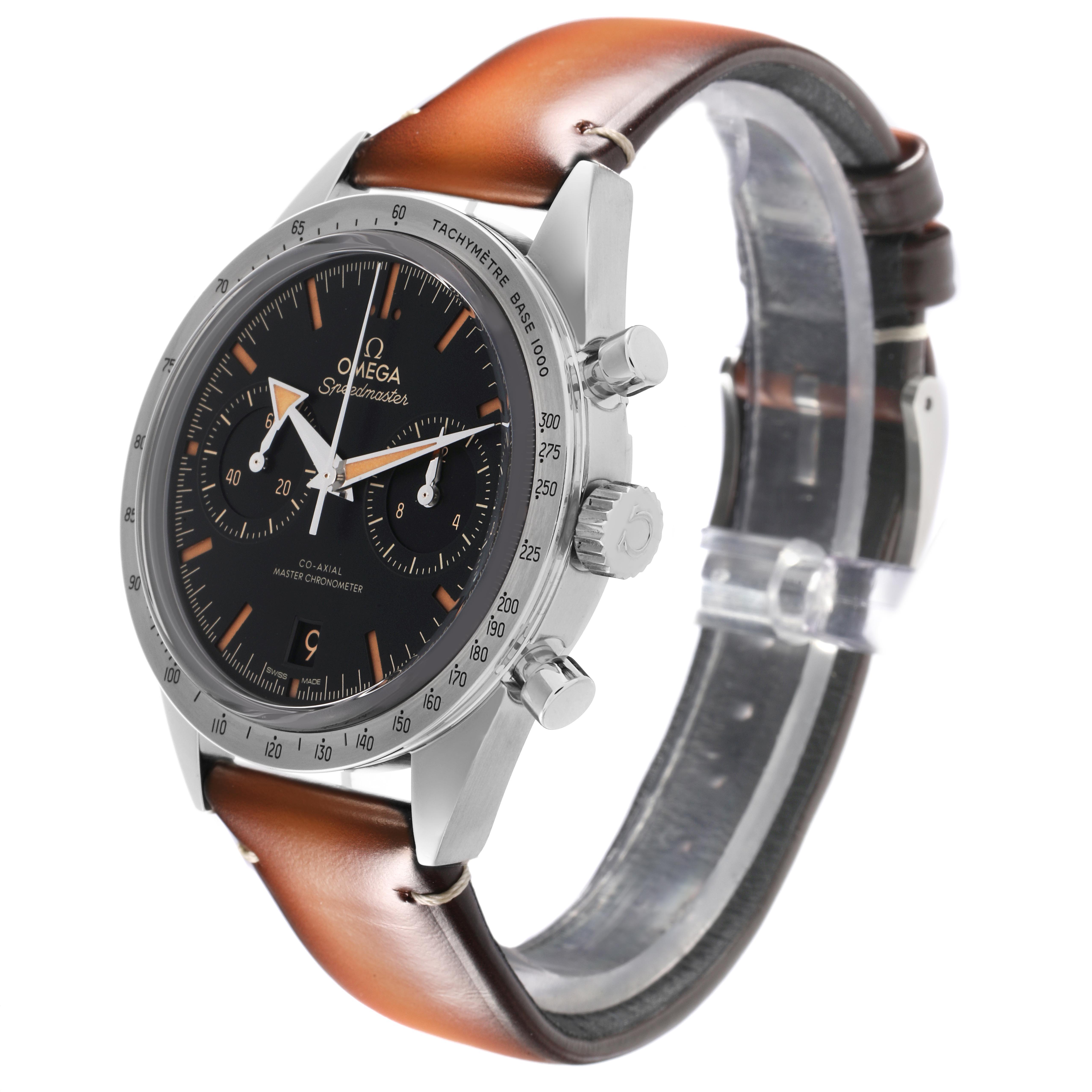 The Omega Speedmaster 332.12.41.51.01.001 Men's Stainless Steel Black Dial 332.12.41.51.01.001 Men's Stainless Steel Black Dial is shown at a three-quarter angle highlighting the watch face, tachymeter bezel, pushers, crown, and leather strap.