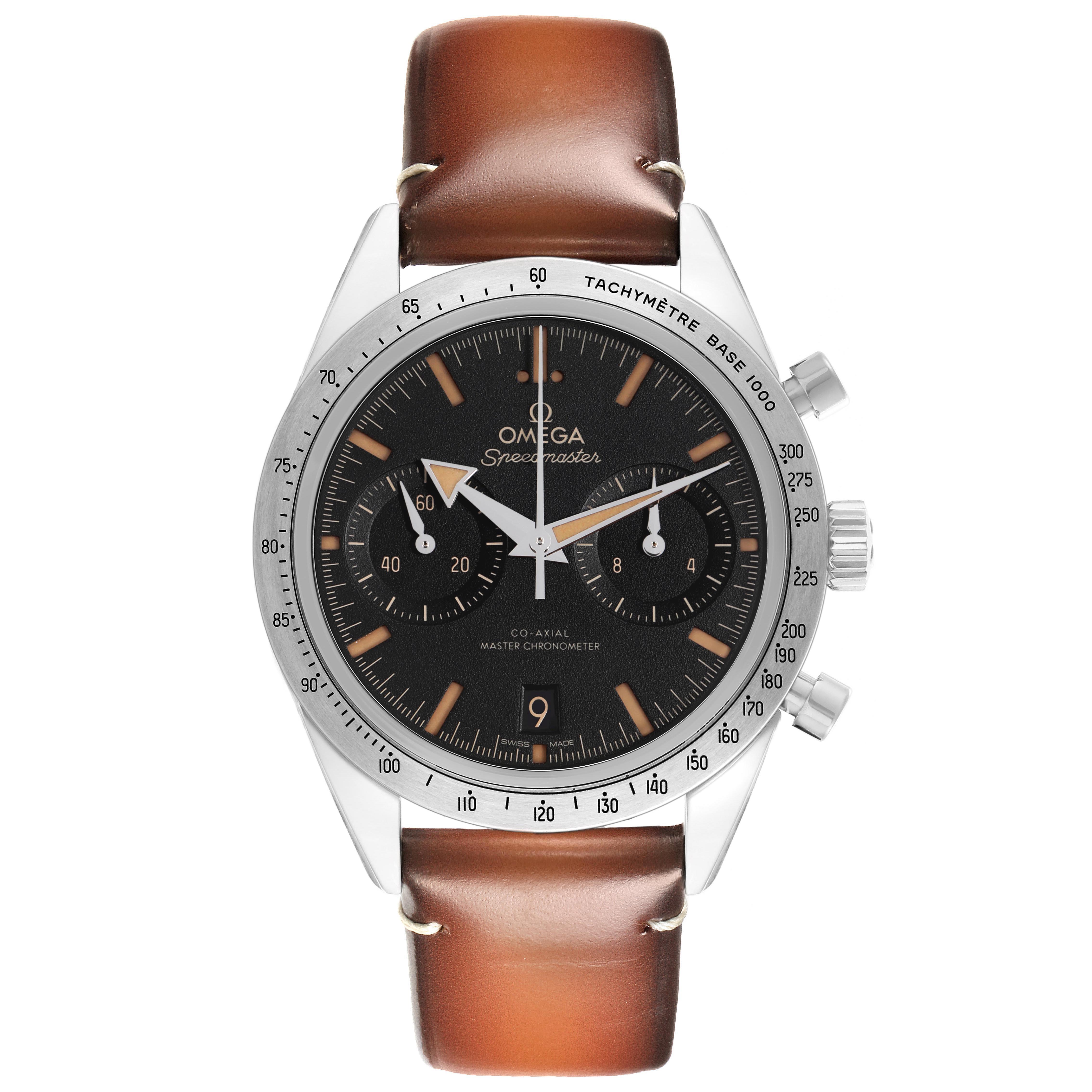 The Omega Speedmaster 332.12.41.51.01.001 Men's Stainless Steel Black Dial 332.12.41.51.01.001 Men's Stainless Steel Black Dial watch is shown from the front, displaying the dial, case, and brown leather strap.