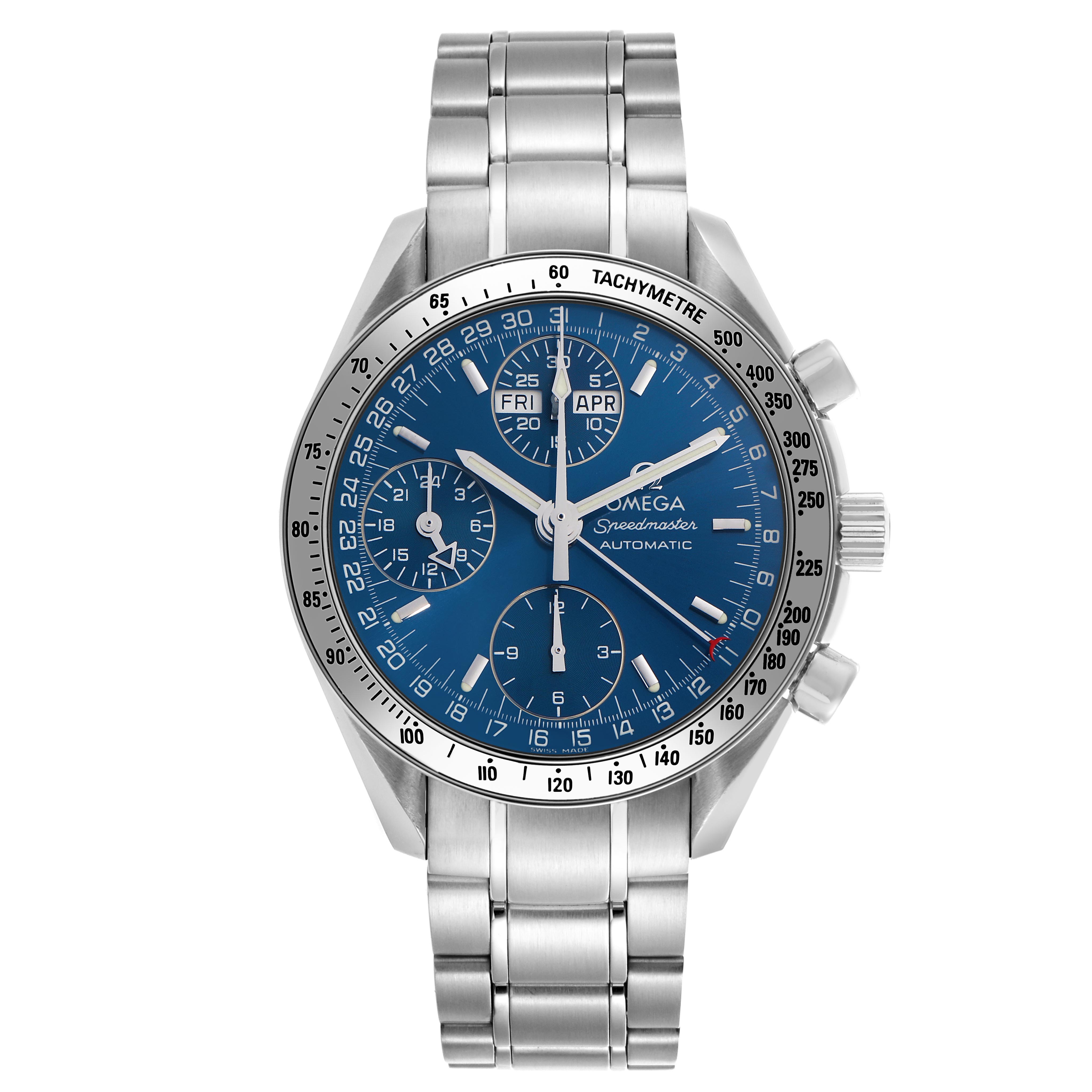 The Omega Speedmaster 3523.80.00 Men's Stainless Steel Blue Dial 3523.80.00 Men's Stainless Steel Blue Dial watch is shown from the front, highlighting the blue dial, tachymeter bezel, and stainless steel bracelet.