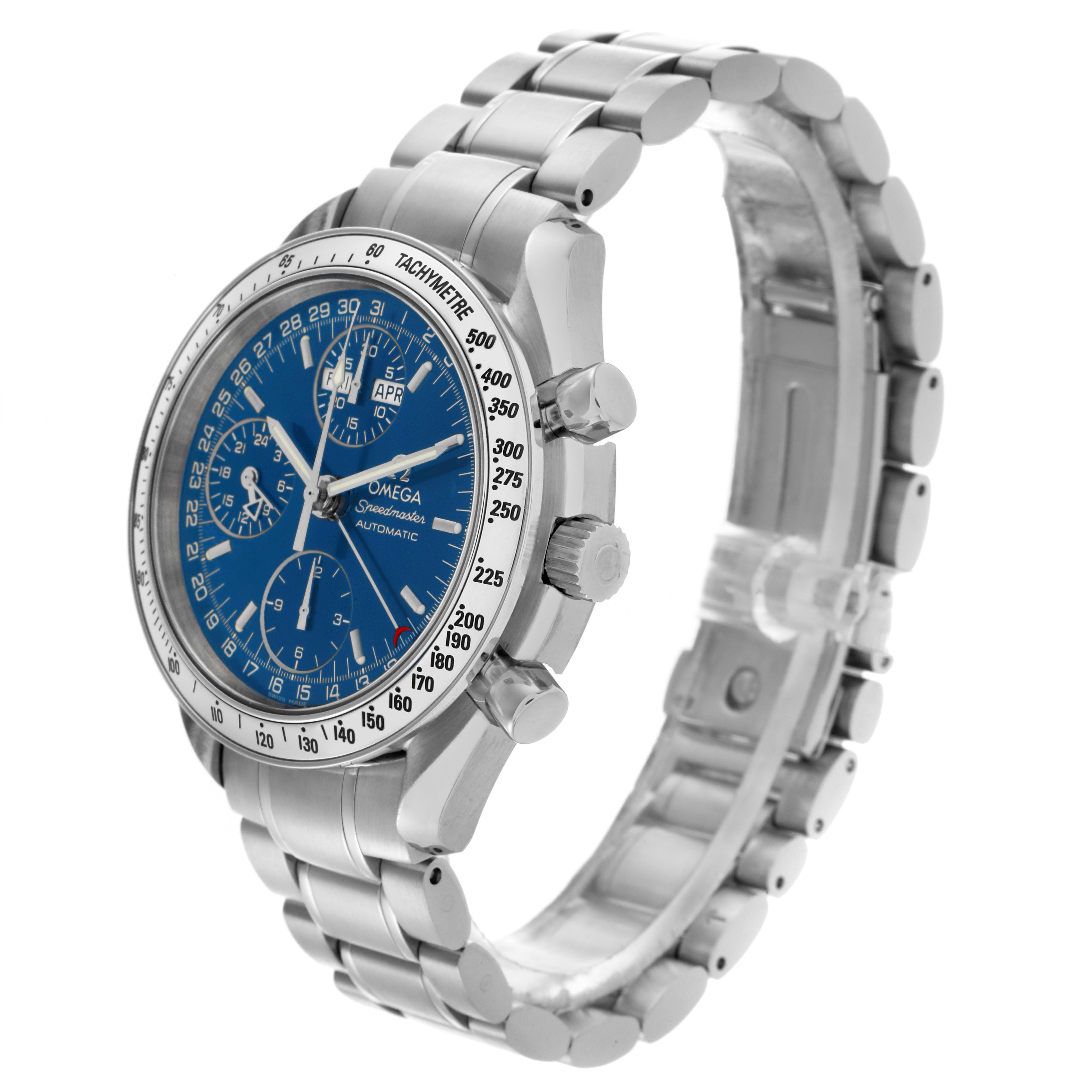 The Omega Speedmaster 3523.80.00 Men's Stainless Steel Blue Dial 3523.80.00 Men's Stainless Steel Blue Dial is shown from an angled side view, highlighting the face, bezel, crown, pushers, and bracelet.