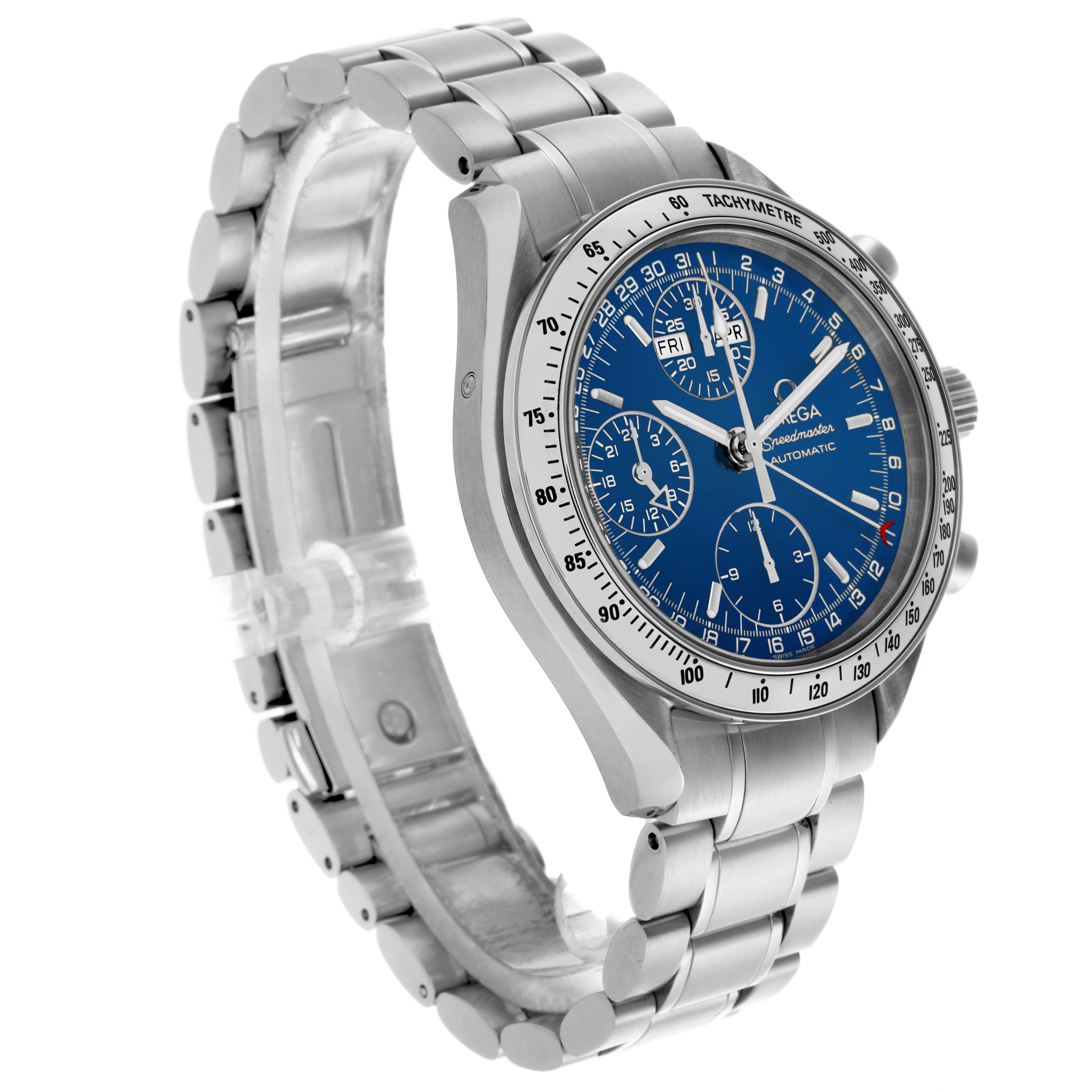 The Omega Speedmaster 3523.80.00 Men's Stainless Steel Blue Dial 3523.80.00 Men's Stainless Steel Blue Dial watch is shown at a three-quarter angle, highlighting its blue dial, tachymeter bezel, and metal bracelet.