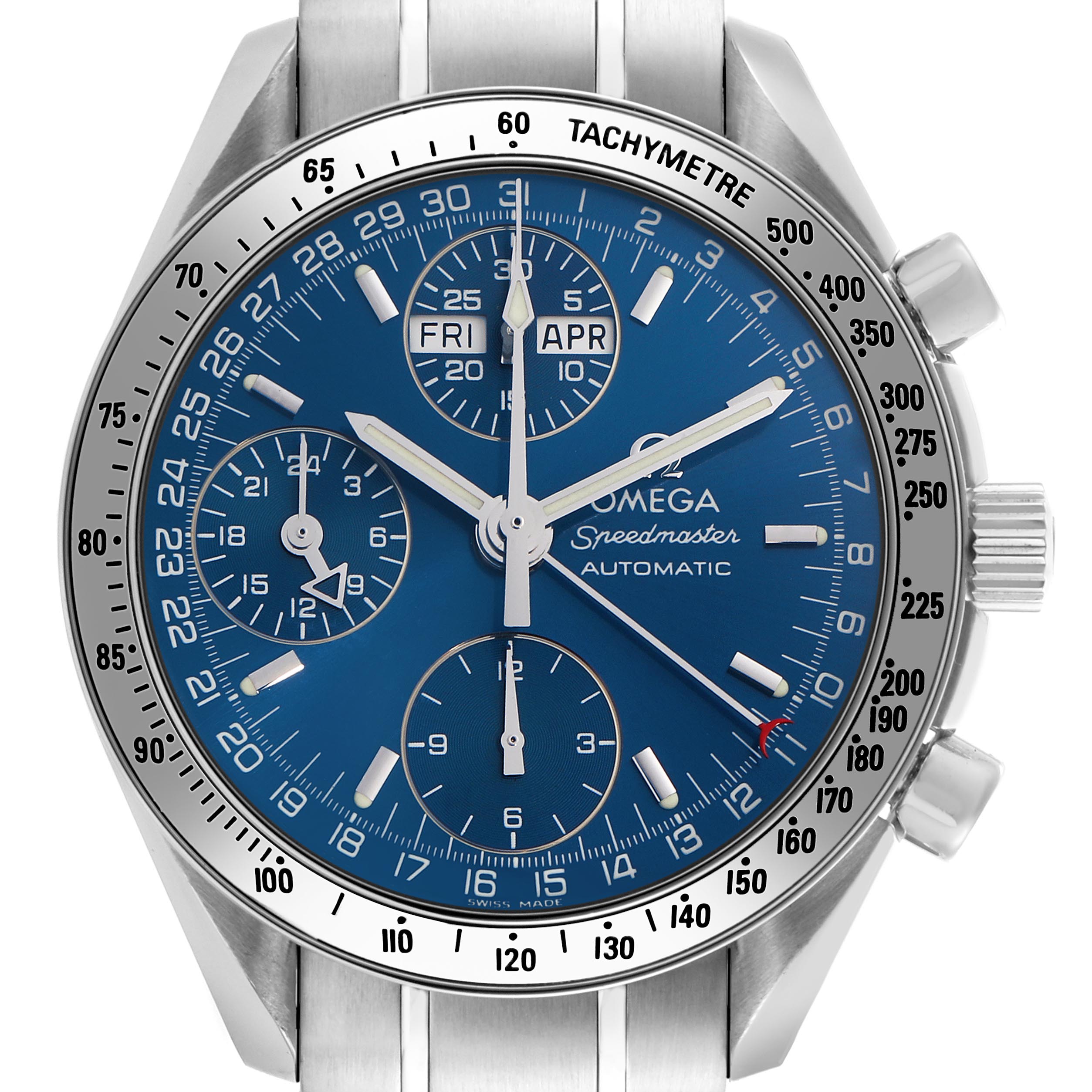 The Omega Speedmaster 3523.80.00 Men's Stainless Steel Blue Dial 3523.80.00 Men's Stainless Steel Blue Dial watch is shown from a front angle, highlighting the dial, tachymeter bezel, and chronograph subdials.