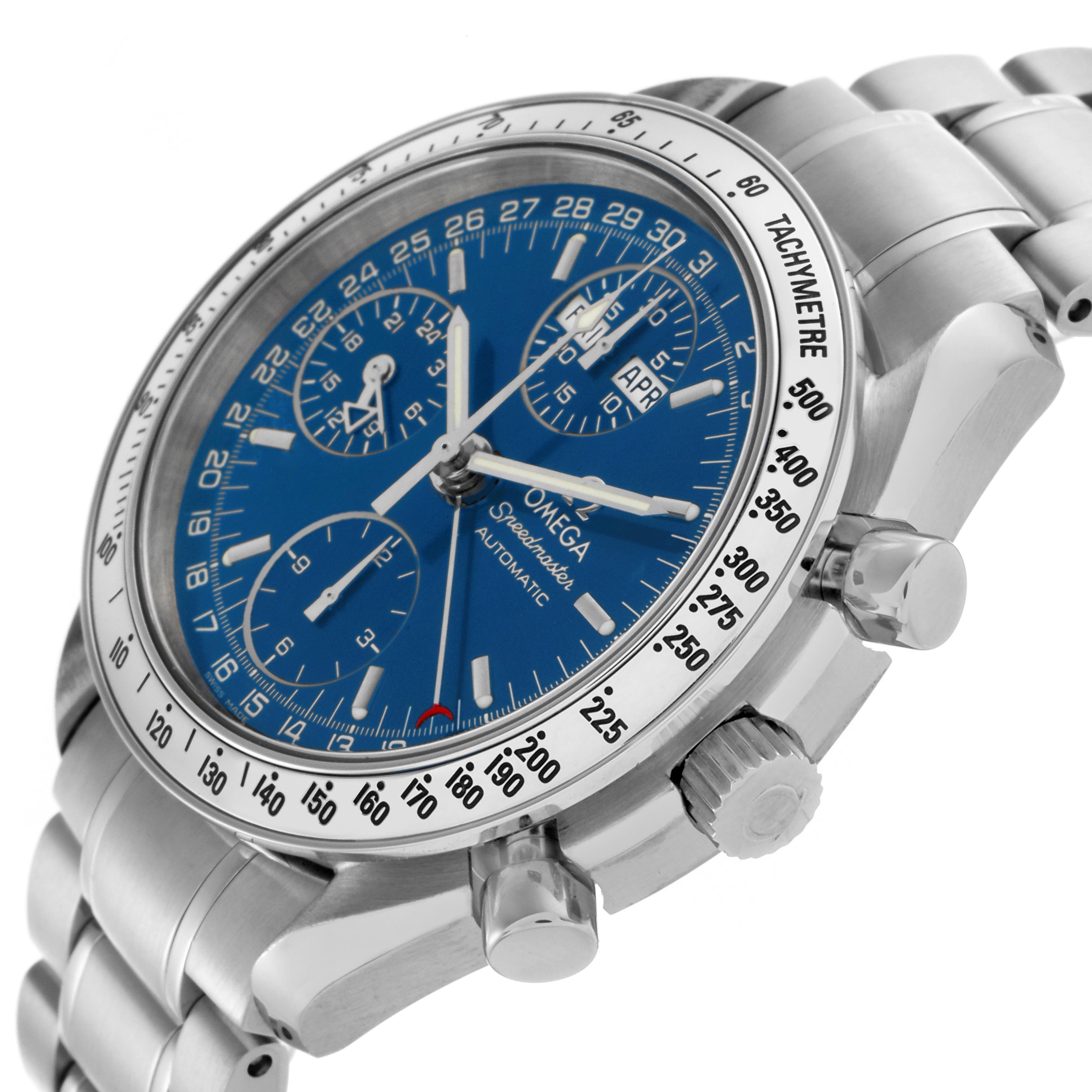 The Omega Speedmaster 3523.80.00 Men's Stainless Steel Blue Dial 3523.80.00 Men's Stainless Steel Blue Dial is shown at an angled side view, displaying the dial, crown, pushers, and part of the bracelet.