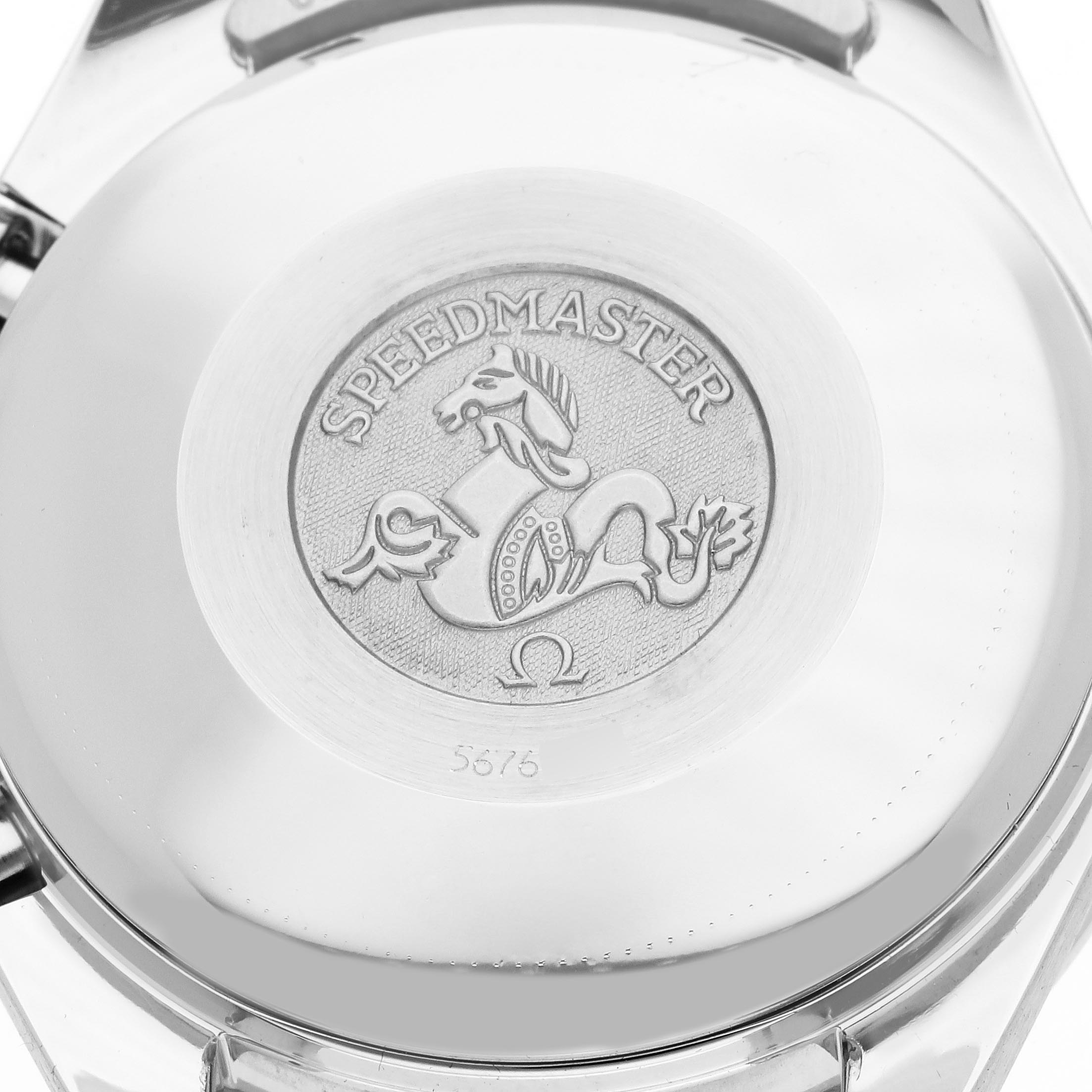 The image shows the back case of an Omega Speedmaster 3523.80.00 Men's Stainless Steel Blue Dial 3523.80.00 Men's Stainless Steel Blue Dial, featuring an embossed logo and design.