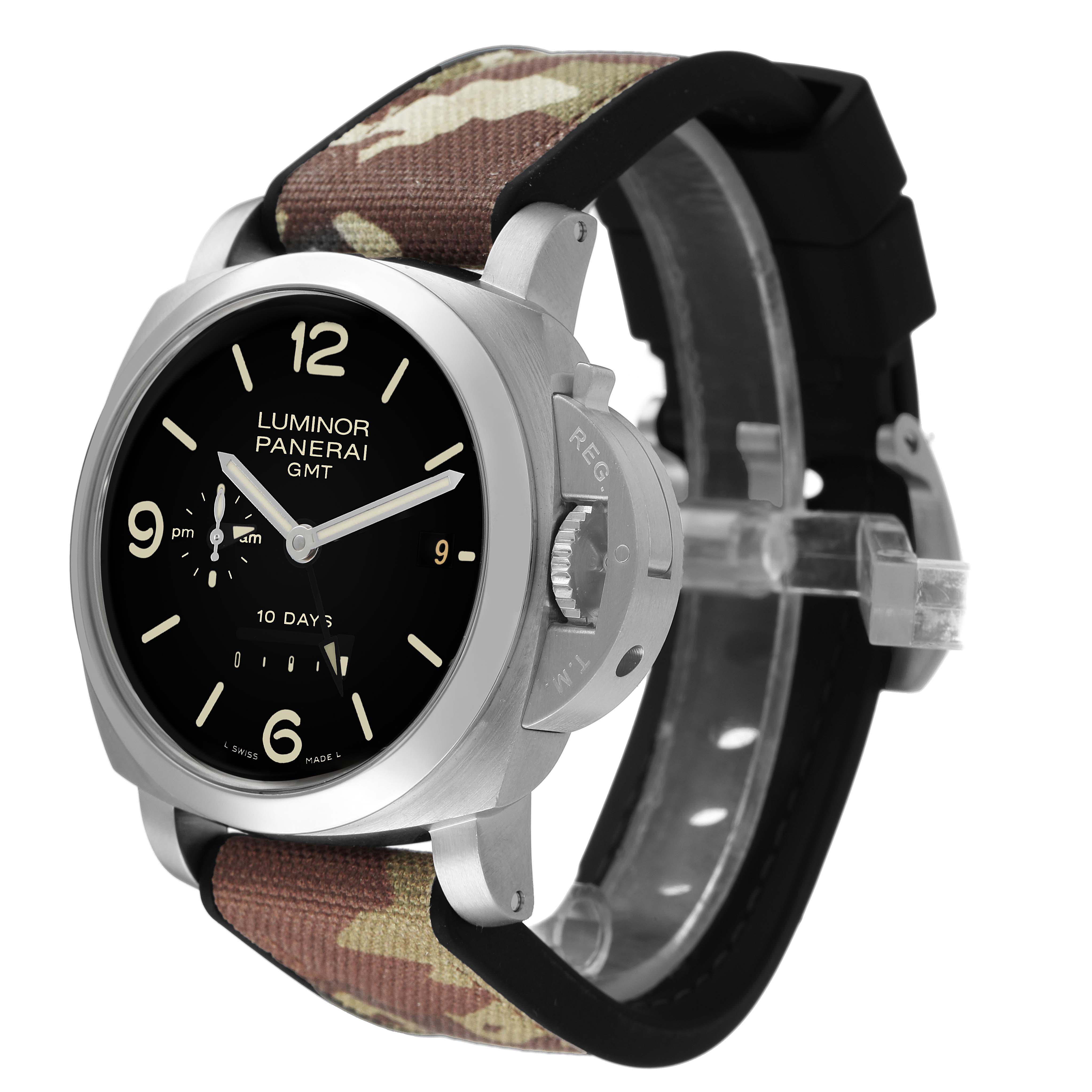 The image shows a Panerai Luminor PAM00270 Men's Stainless Steel Black Dial watch at an angle highlighting the face, crown, and camo-textured strap.