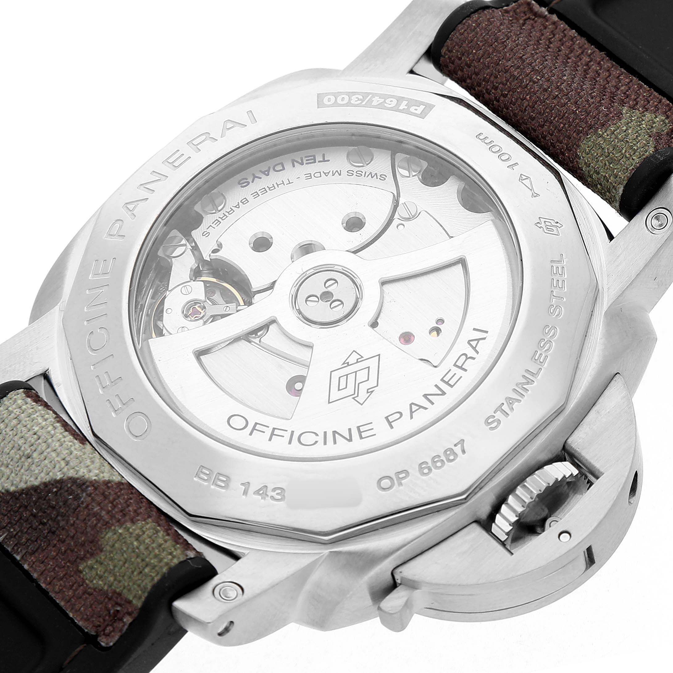 The image shows the back of a Panerai Luminor PAM00270 Men's Stainless Steel Black Dial watch, highlighting its transparent case back and visible movement.