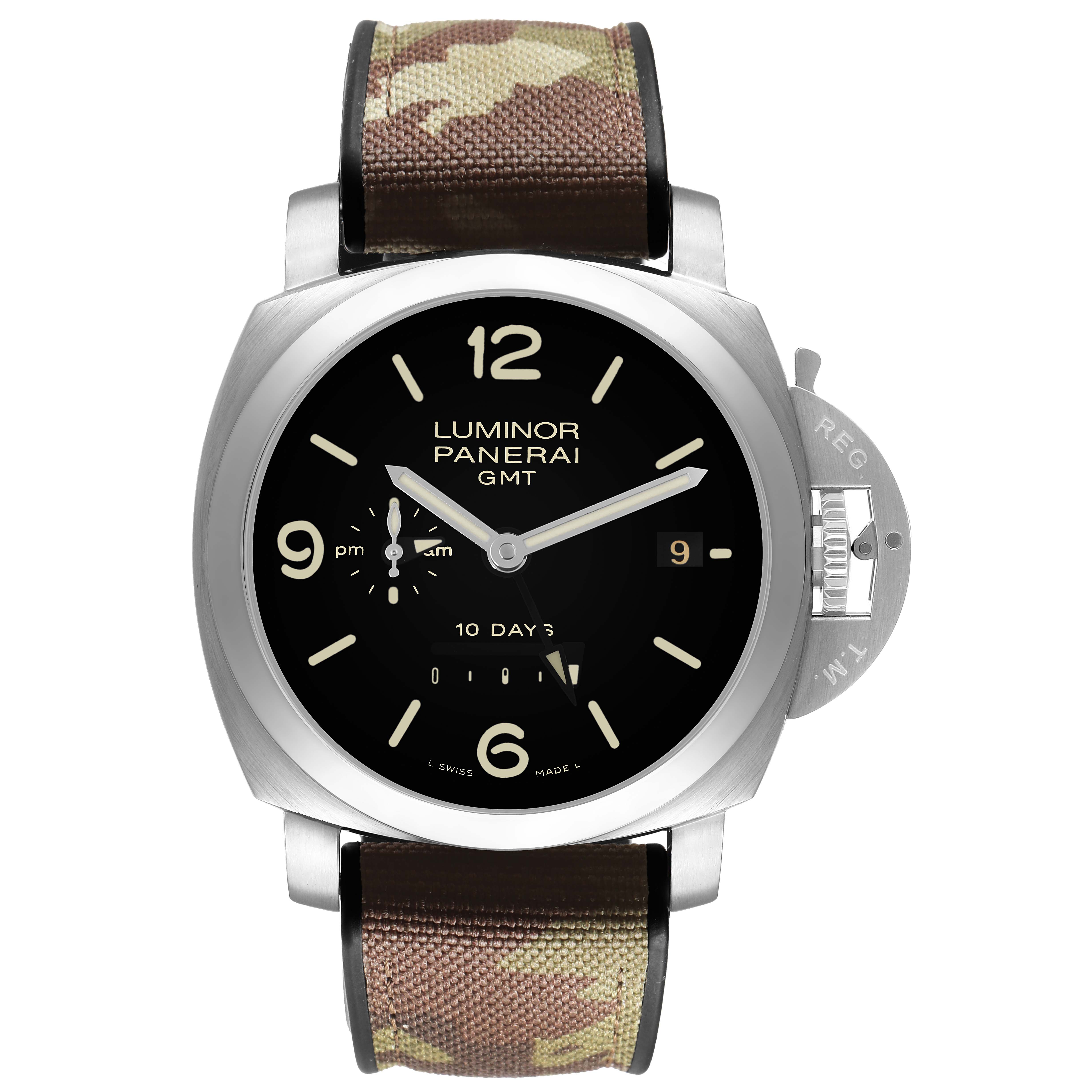 The Panerai Luminor PAM00270 Men's Stainless Steel Black Dial watch is shown from the front, displaying the dial, crown guard, and camouflage strap.