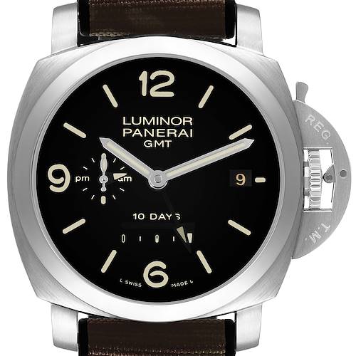 The image shows a front view of the Panerai Luminor PAM00270 Men's Stainless Steel Black Dial watch, highlighting the dial, crown guard, and strap.
