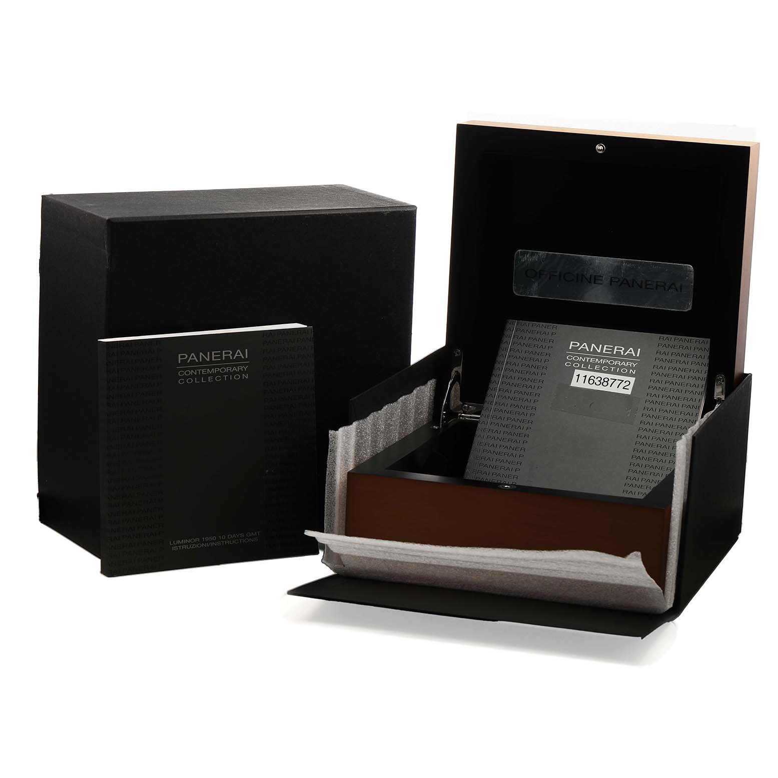 The image shows the packaging and documentation for a Panerai Luminor PAM00270 Men's Stainless Steel Black Dial watch, including the box and manuals.