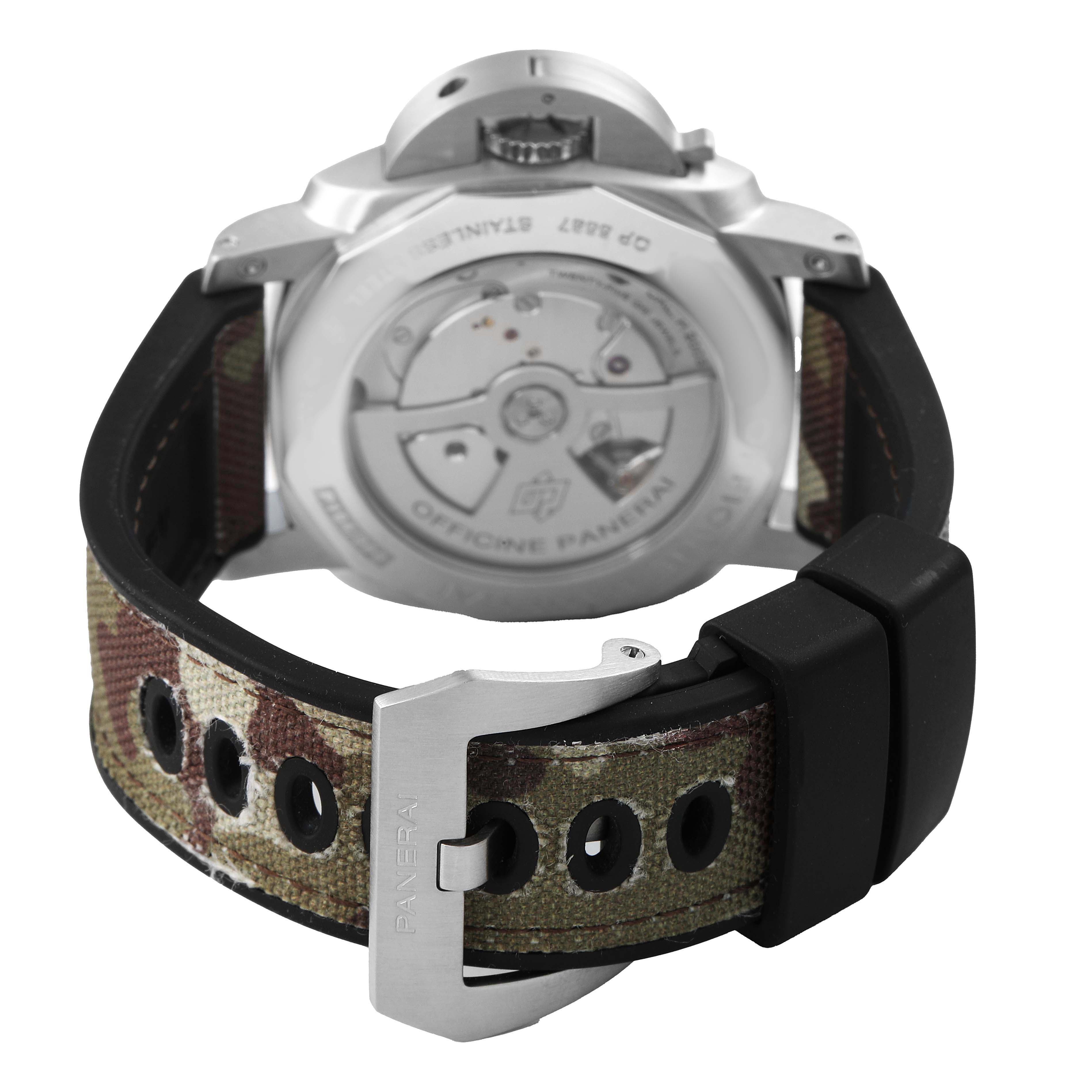 The image shows the back view of a Panerai Luminor PAM00270 Men's Stainless Steel Black Dial watch, highlighting the case back, movement, and camouflage strap with buckle.