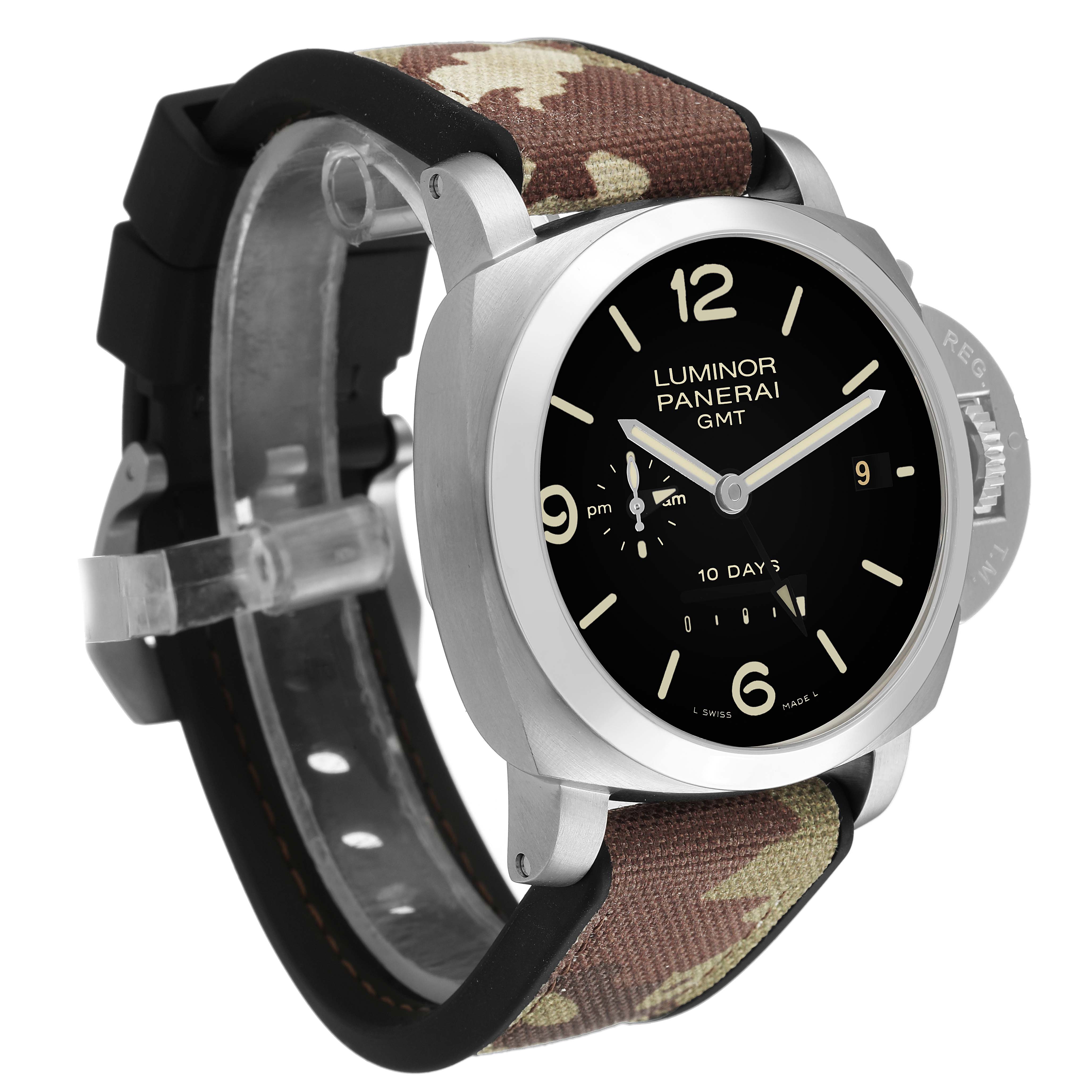The image shows a Panerai Luminor PAM00270 Men's Stainless Steel Black Dial watch at a slight side angle, highlighting the face, camo strap, and crown guard.
