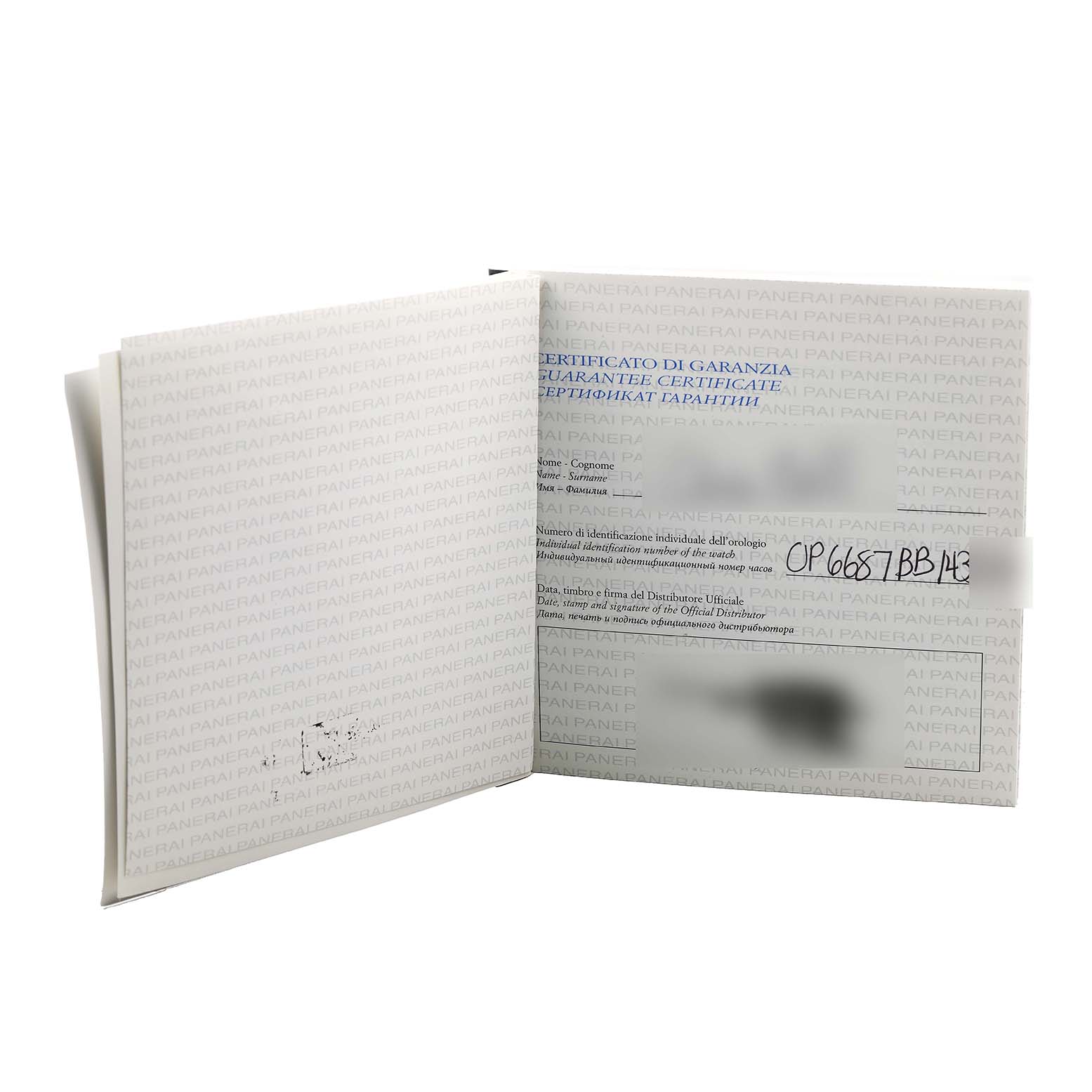 The image shows a Panerai Luminor PAM00270 Men's Stainless Steel Black Dial guarantee certificate booklet open at a slight angle.