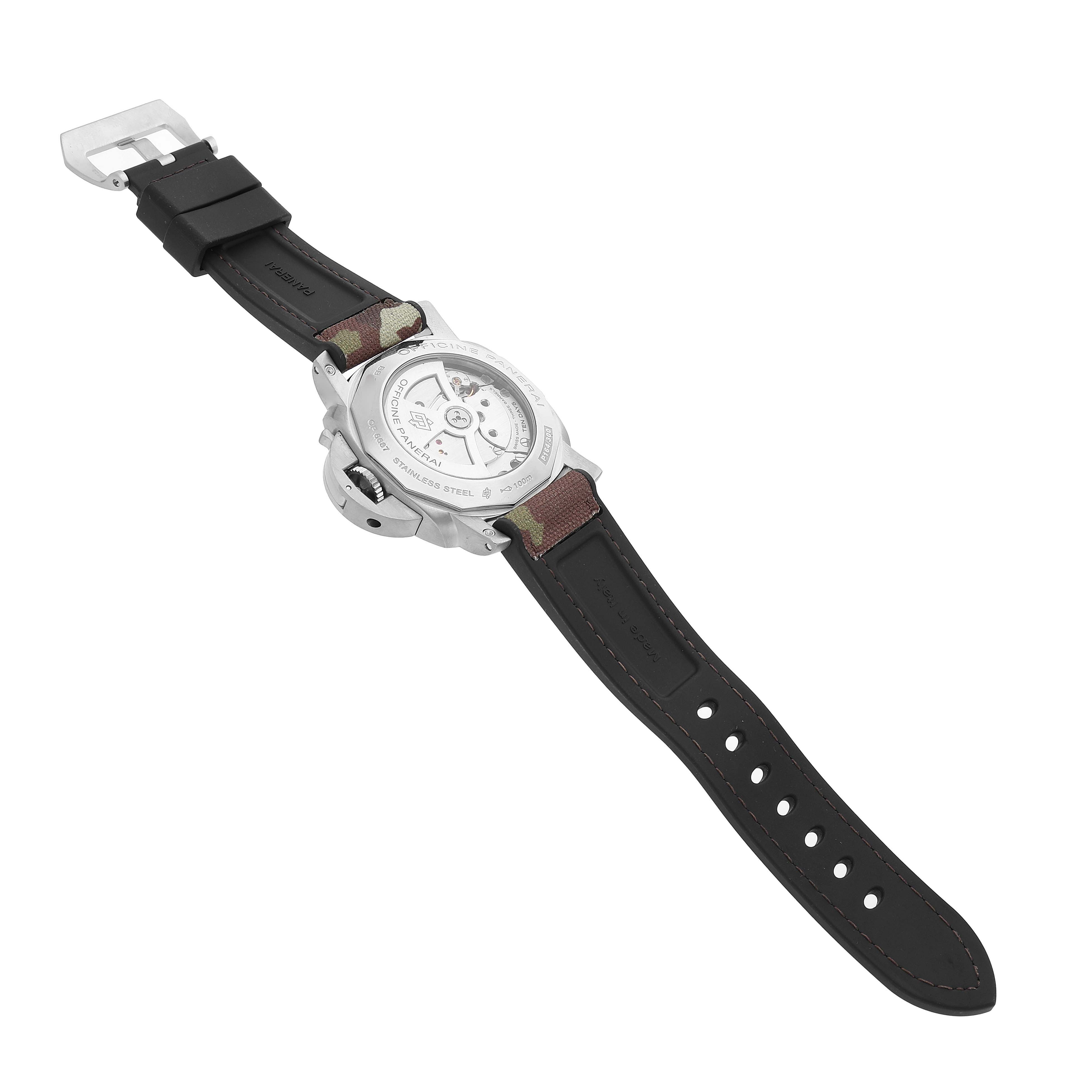 The image shows a Panerai Luminor PAM00270 Men's Stainless Steel Black Dial watch from the back, highlighting the transparent case back and camo strap.