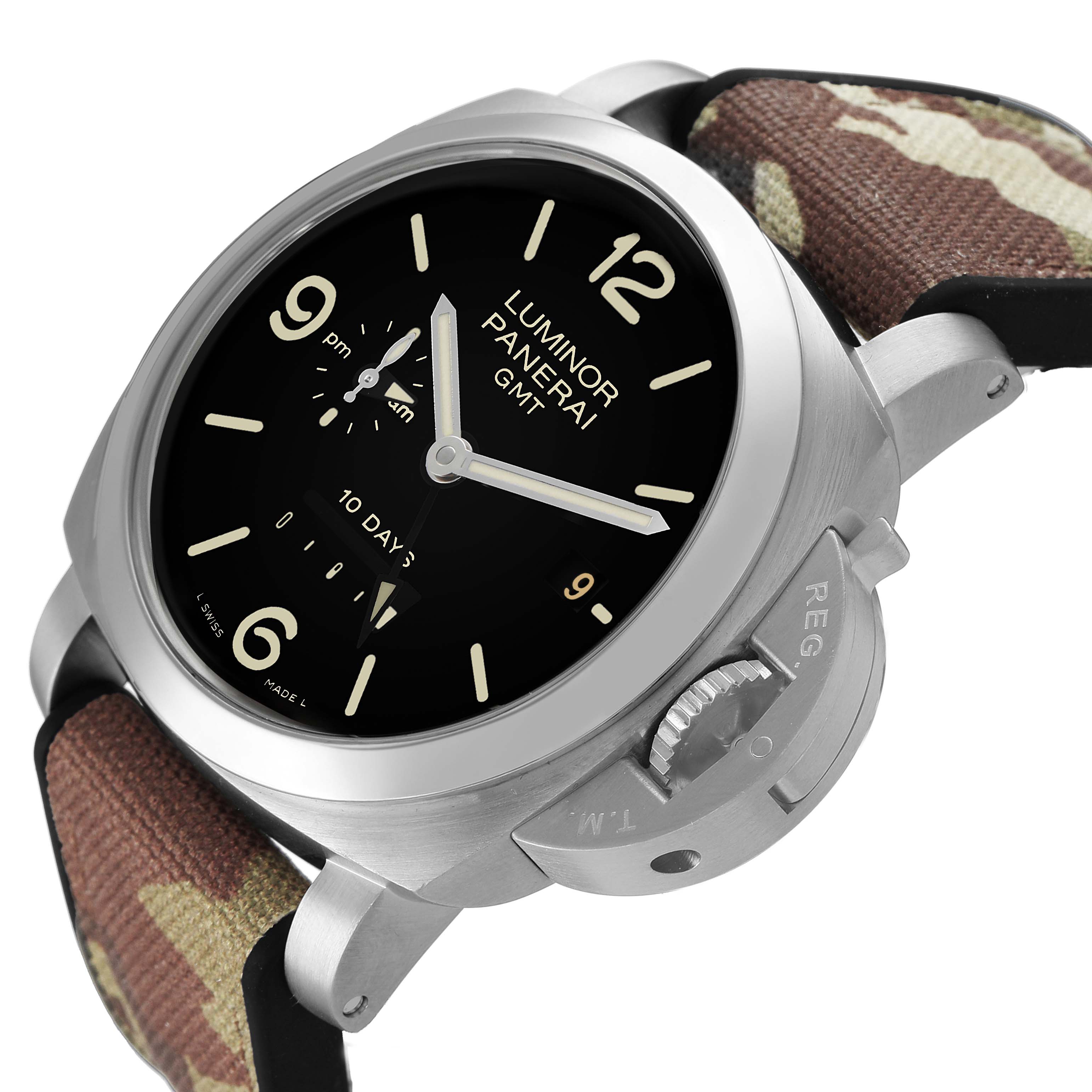 The Panerai Luminor PAM00270 Men's Stainless Steel Black Dial watch is shown at a slight angle, highlighting the dial, case, crown guard, and camouflage strap.