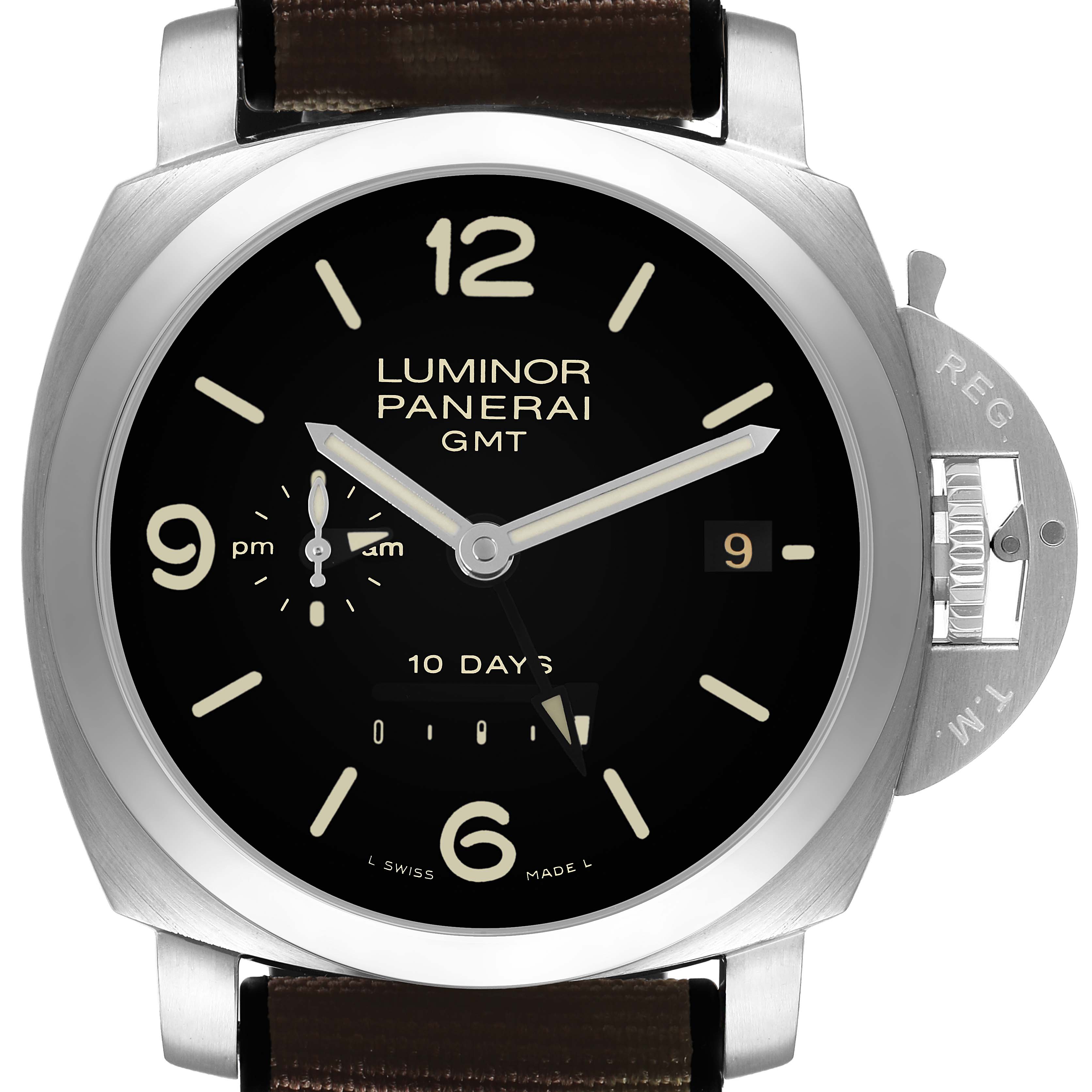 This image shows a front view of a Panerai Luminor PAM00270 Men's Stainless Steel Black Dial watch, displaying its dial and crown guard.
