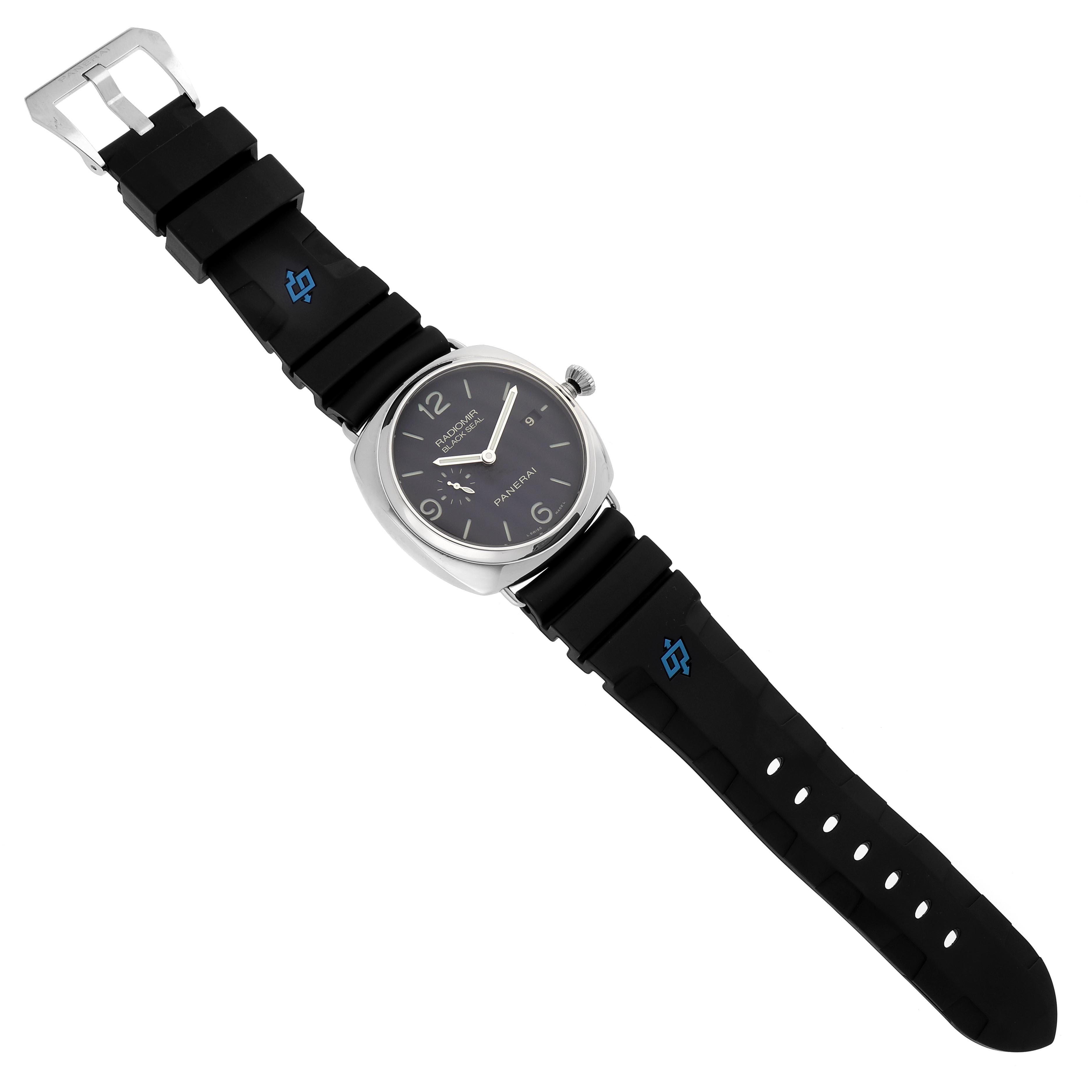 The Panerai Radiomir PAM00388 Men's Stainless Steel Black Dial PAM00388 Men's Stainless Steel Black Dial watch is shown from a top-down angle, displaying the full dial, case, and black rubber strap.