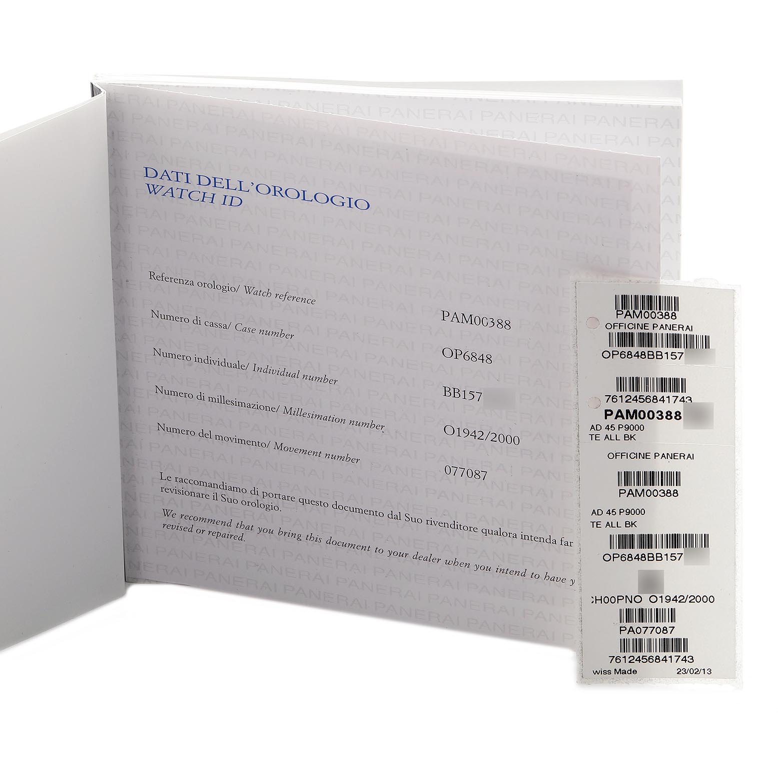 The image shows documentation for the Panerai Radiomir PAM00388 Men's Stainless Steel Black Dial PAM00388 Men's Stainless Steel Black Dial model, including the watch ID and various reference numbers.