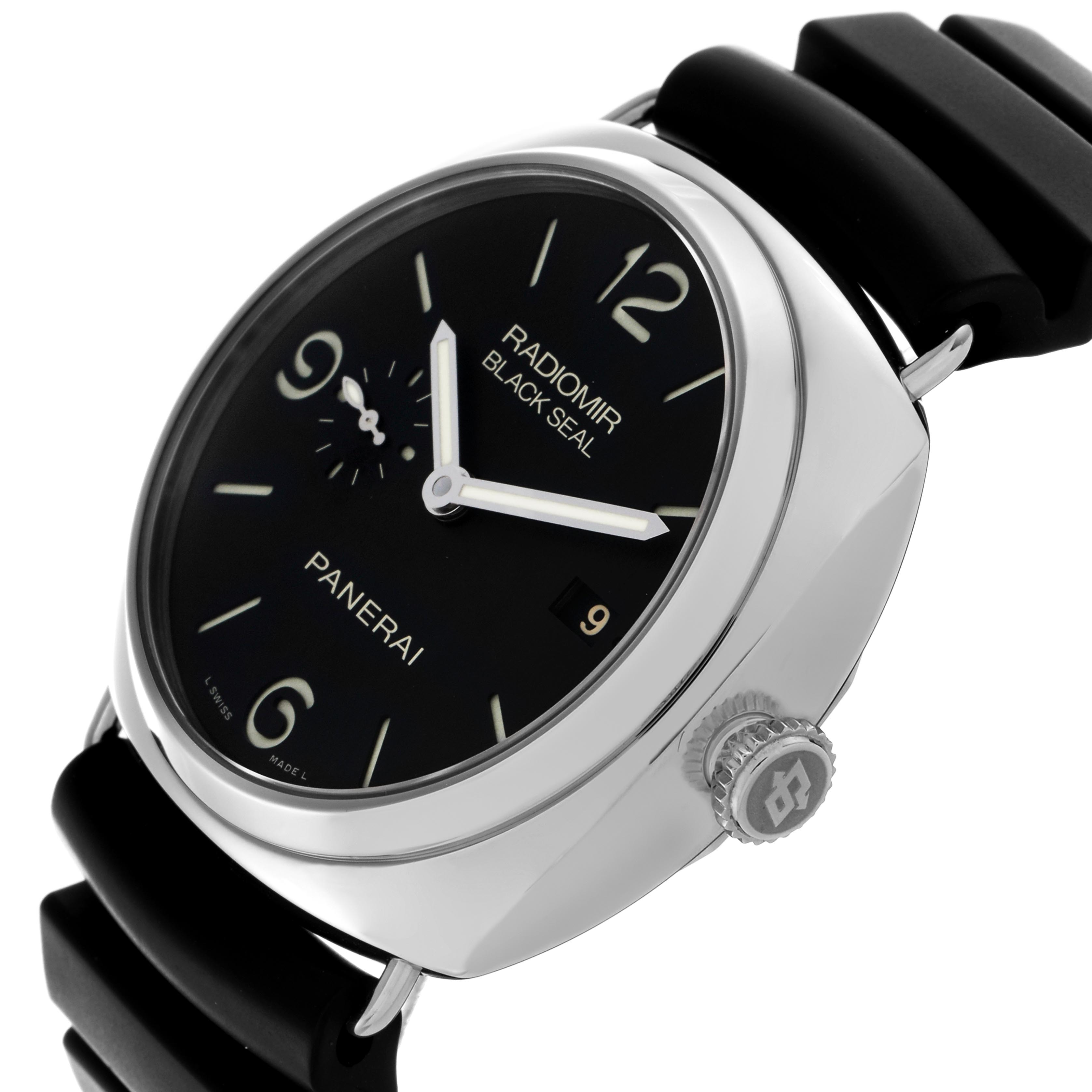 The Panerai Radiomir PAM00388 Men's Stainless Steel Black Dial PAM00388 Men's Stainless Steel Black Dial watch is shown at a three-quarter angle, highlighting the case, dial, crown, and strap.