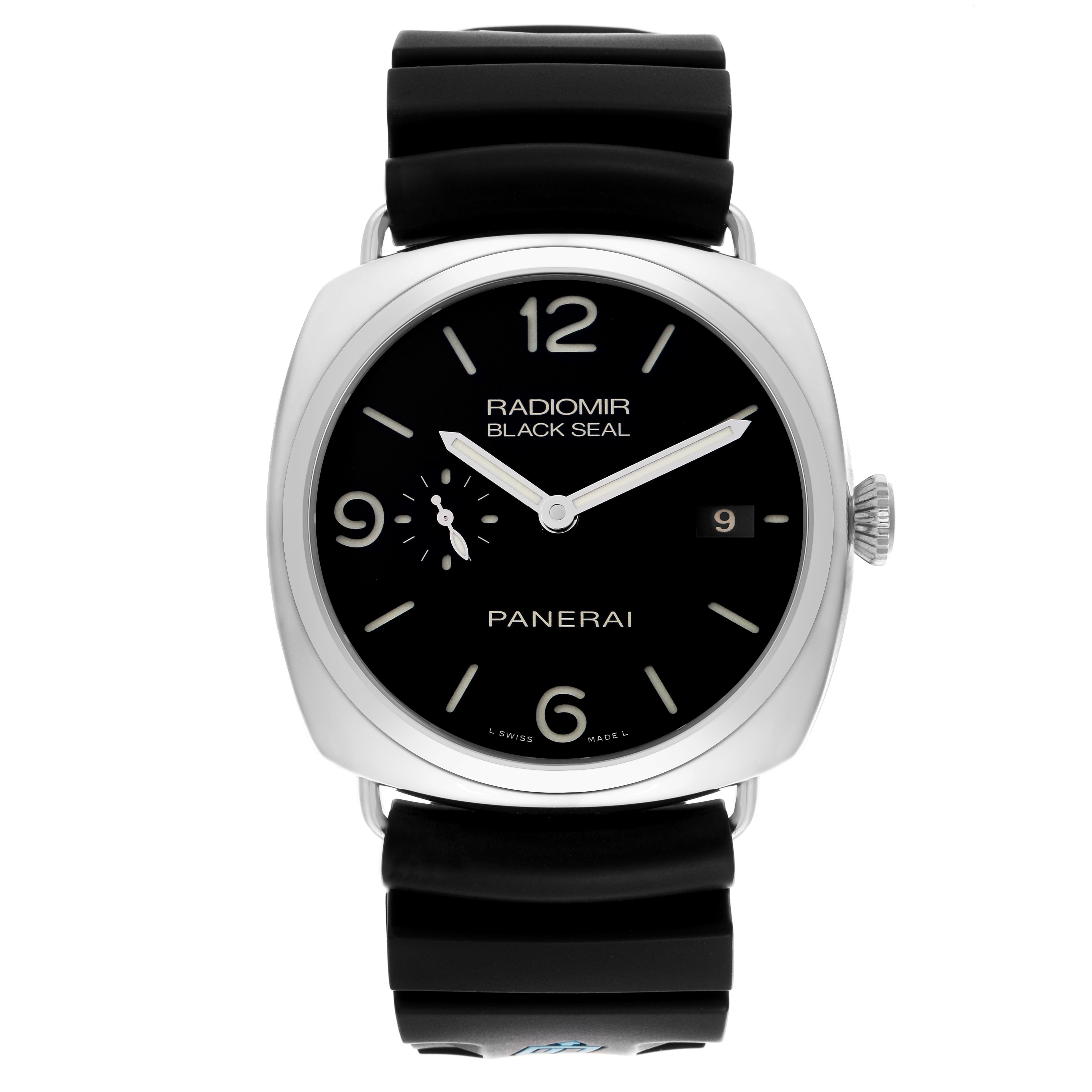 The Panerai Radiomir PAM00388 Men's Stainless Steel Black Dial PAM00388 Men's Stainless Steel Black Dial watch is shown from a front angle, displaying the face, hands, strap, and crown.