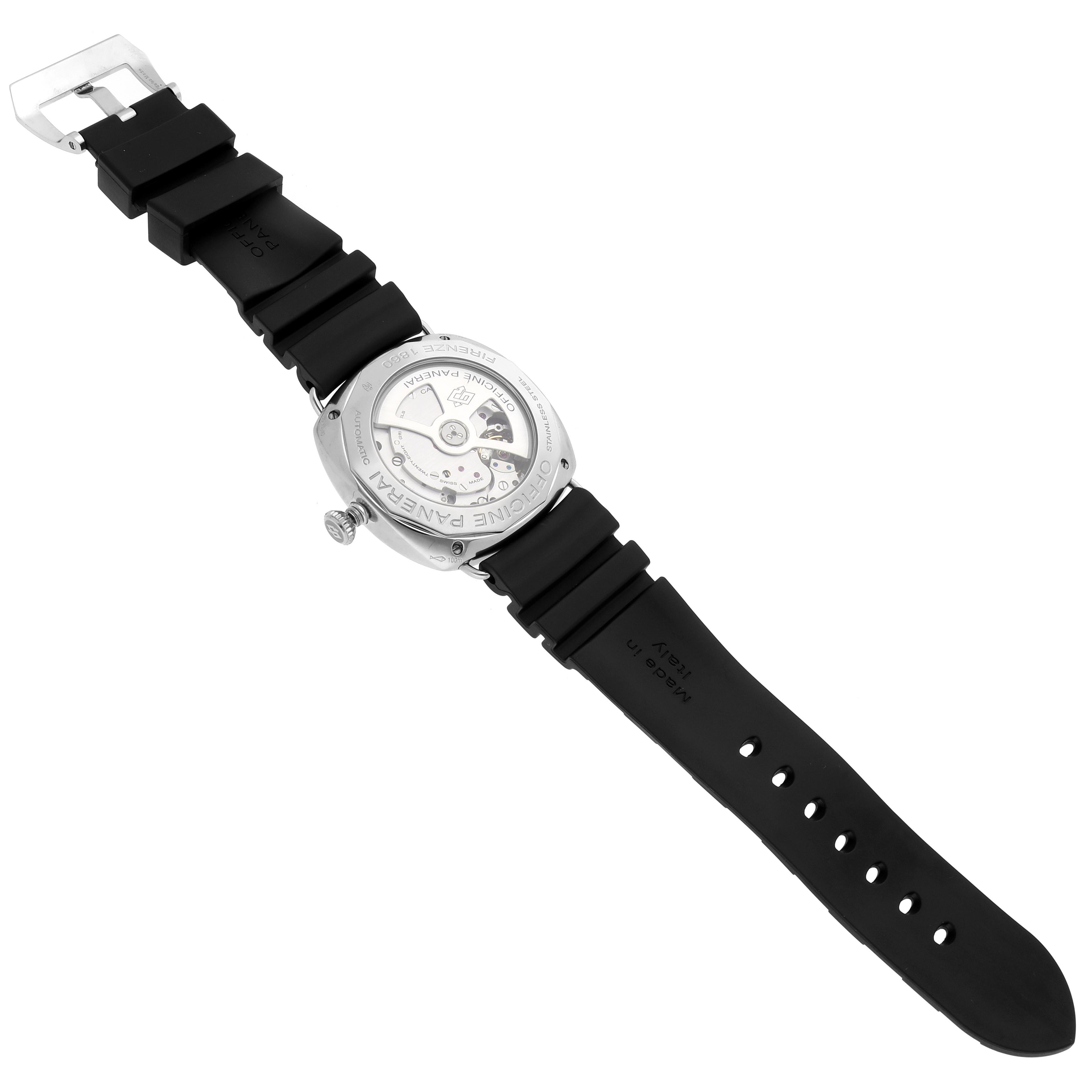 The Panerai Radiomir PAM00388 Men's Stainless Steel Black Dial PAM00388 Men's Stainless Steel Black Dial watch is shown from the back, displaying its transparent case back and black strap with buckle.