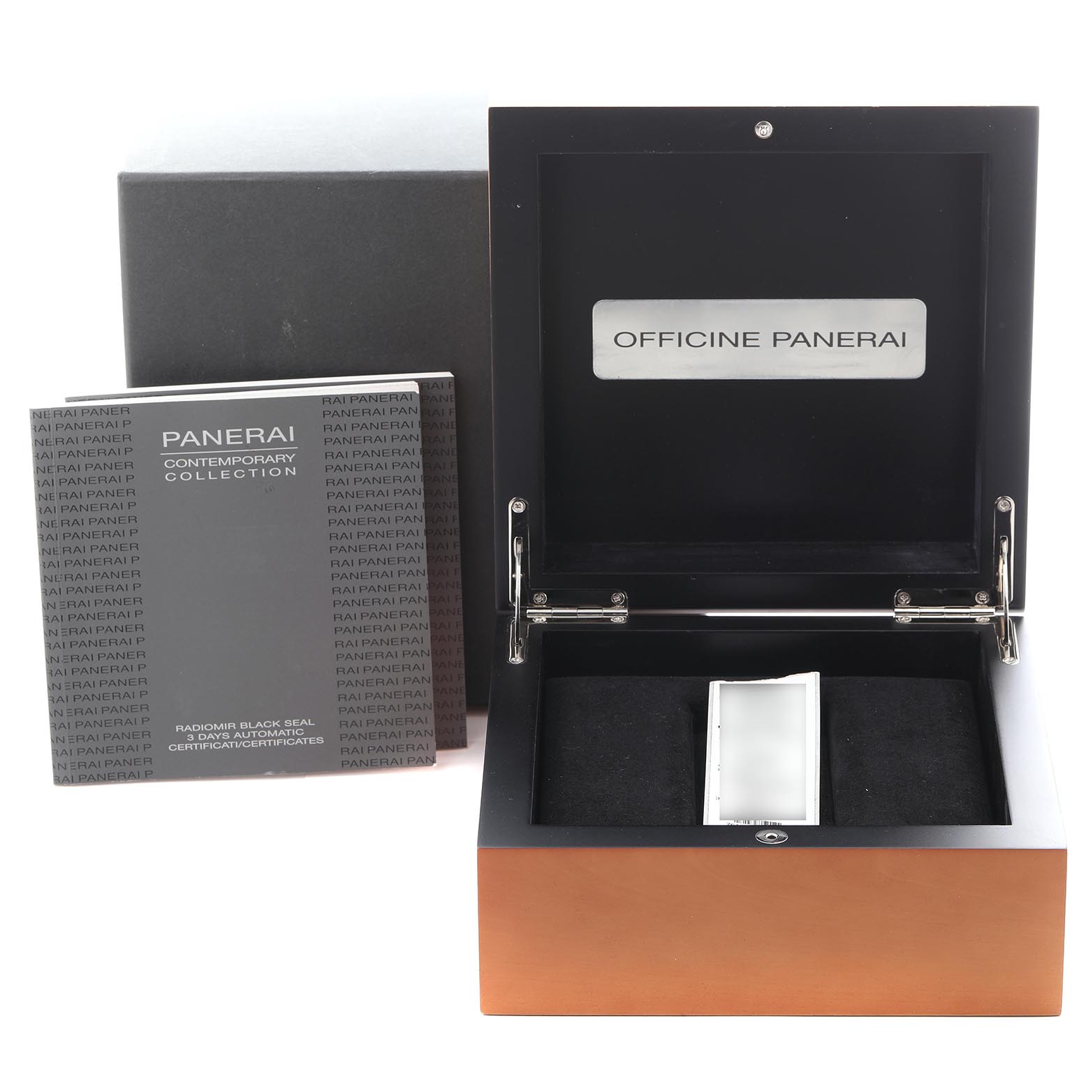 The image shows an open Panerai Radiomir PAM00388 Men's Stainless Steel Black Dial PAM00388 Men's Stainless Steel Black Dial watch box and accompanying booklet from a front angle.