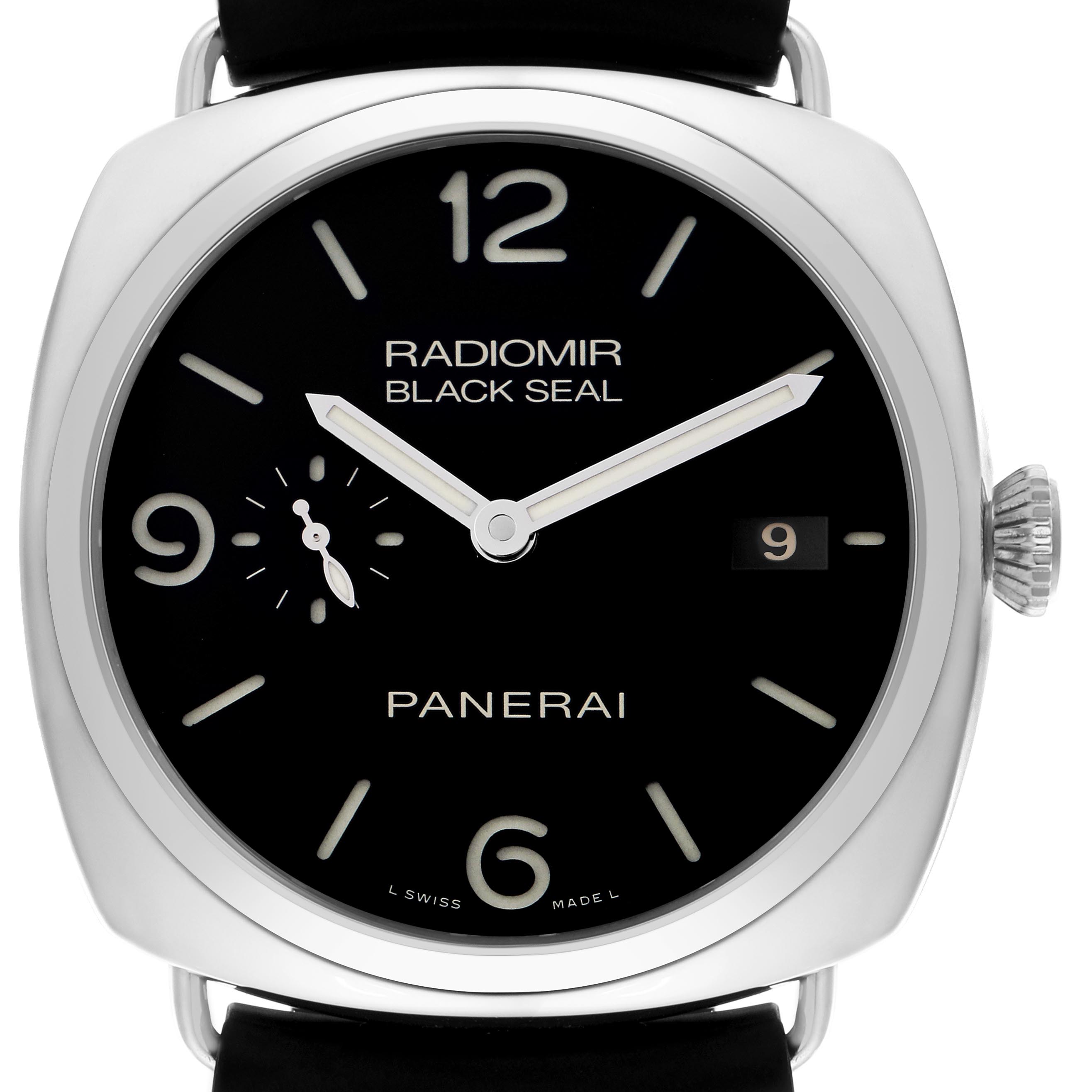 The image shows the Panerai Radiomir PAM00388 Men's Stainless Steel Black Dial PAM00388 Men's Stainless Steel Black Dial watch from a front angle, highlighting its dial, case, crown, and strap attachment.