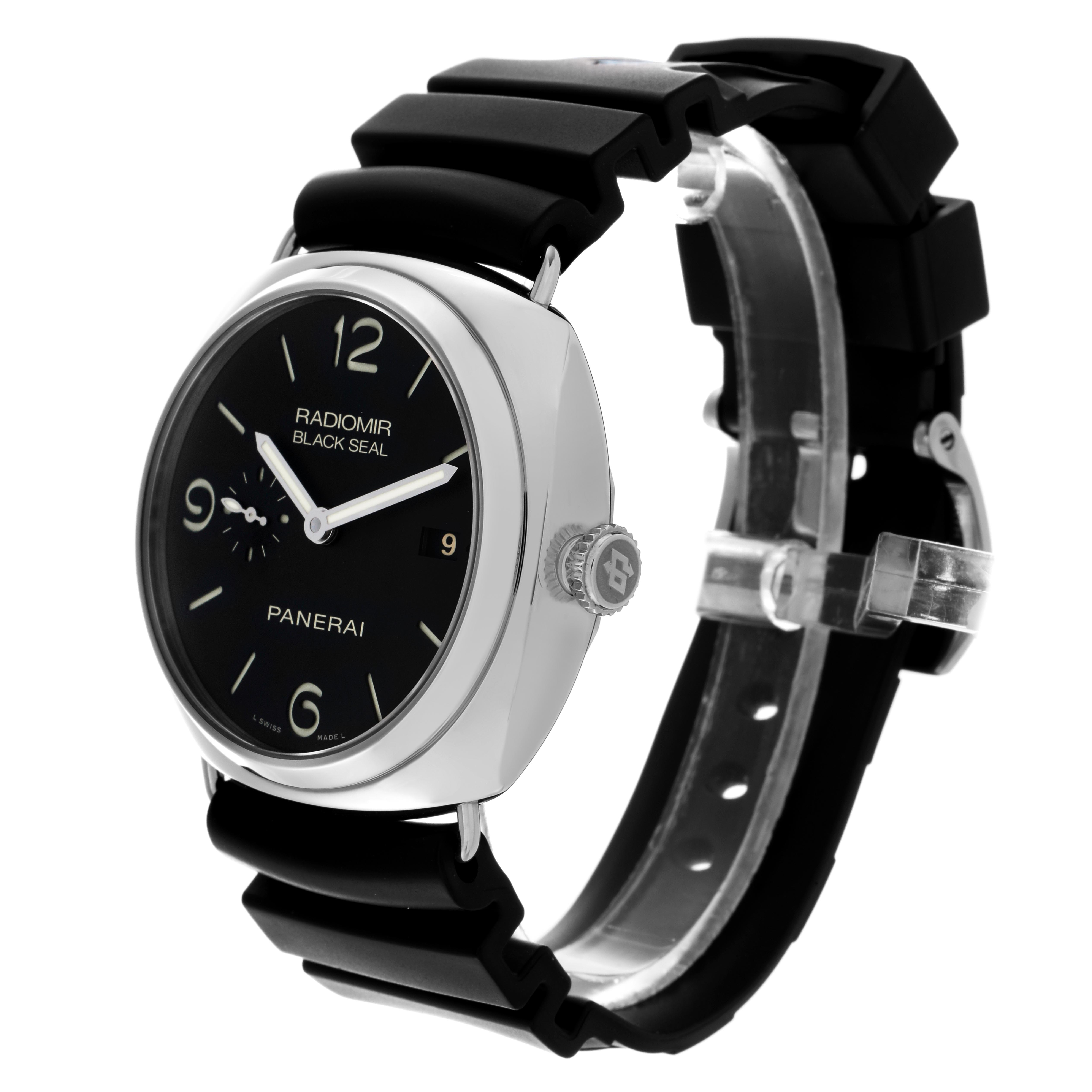 The Panerai Radiomir PAM00388 Men's Stainless Steel Black Dial PAM00388 Men's Stainless Steel Black Dial watch is shown at a three-quarter angle, displaying the face, crown, and black strap.
