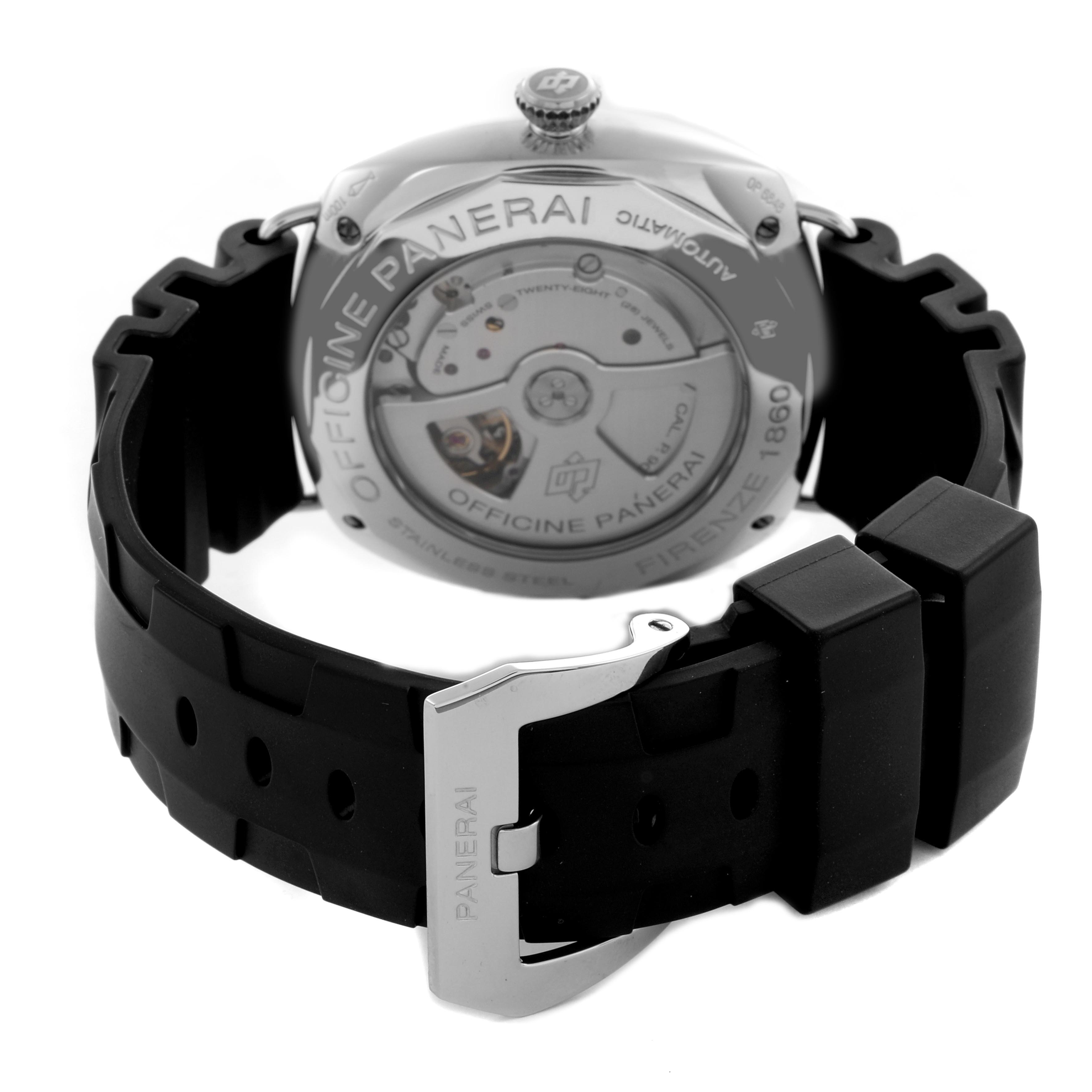 The Panerai Radiomir PAM00388 Men's Stainless Steel Black Dial PAM00388 Men's Stainless Steel Black Dial watch is shown from the back, displaying the movement and a black strap with a buckle.