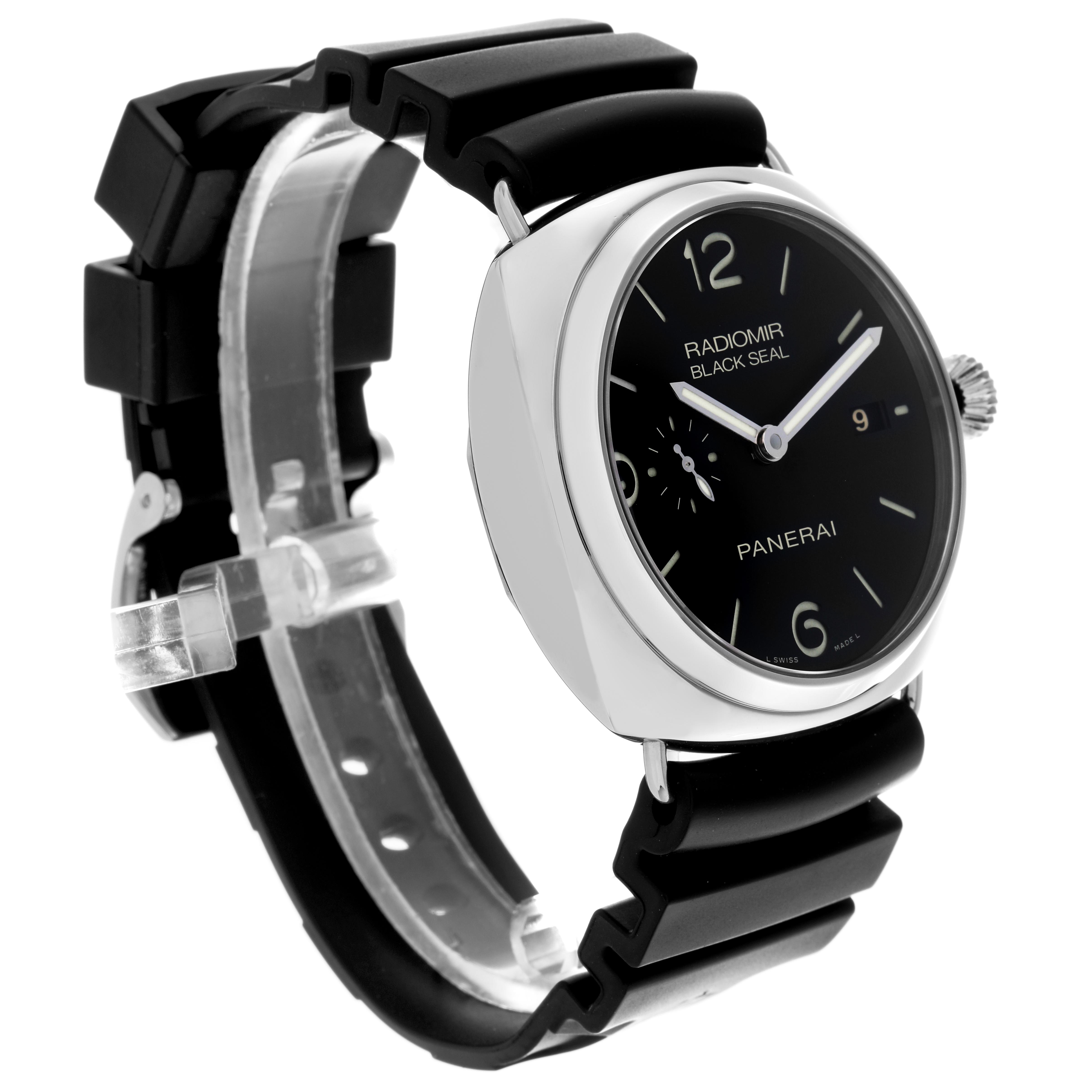 The Panerai Radiomir PAM00388 Men's Stainless Steel Black Dial PAM00388 Men's Stainless Steel Black Dial watch is shown at a three-quarter angle, highlighting the face, crown, and black strap.