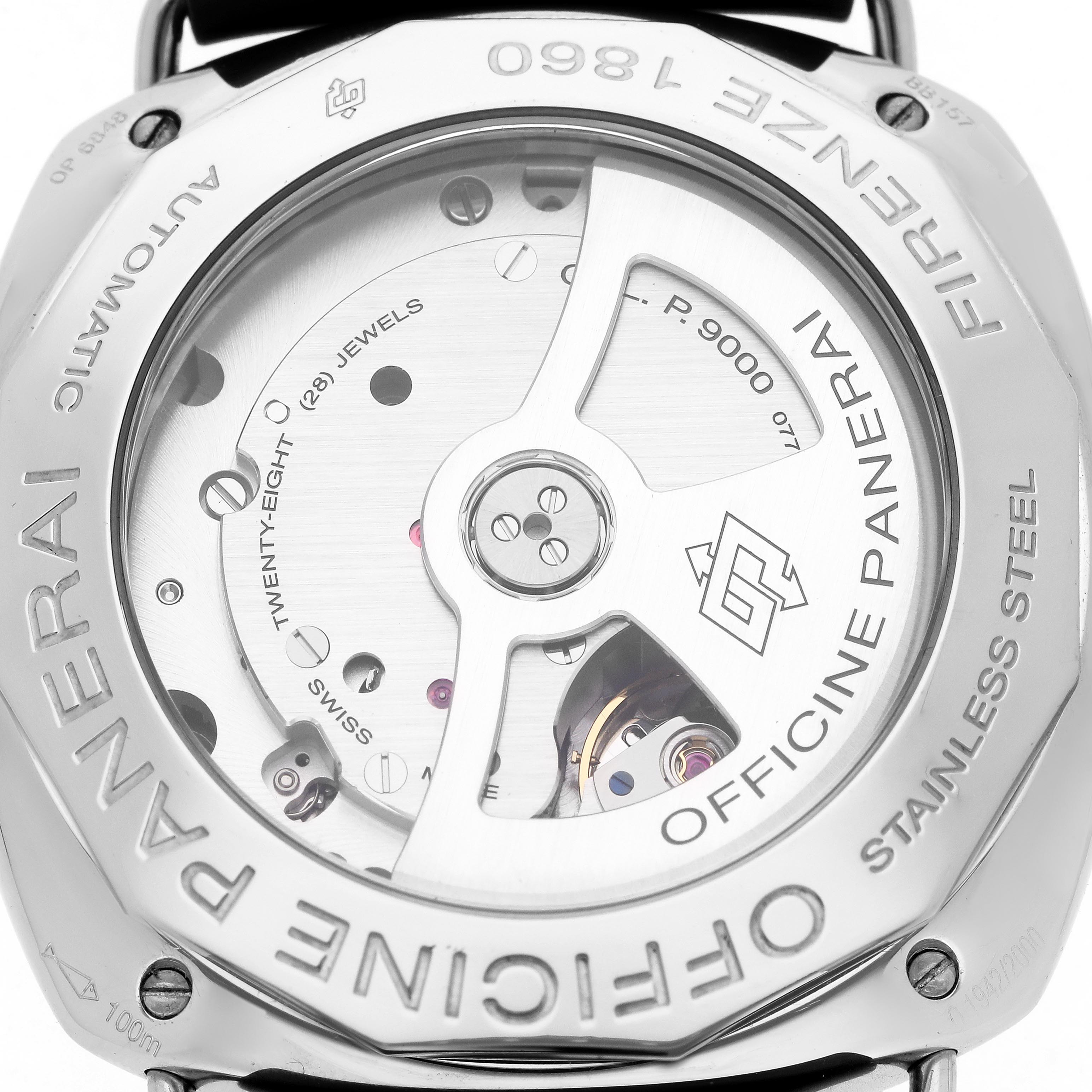 The image shows the back of the Panerai Radiomir PAM00388 Men's Stainless Steel Black Dial PAM00388 Men's Stainless Steel Black Dial watch, highlighting its automatic movement and stainless steel case.