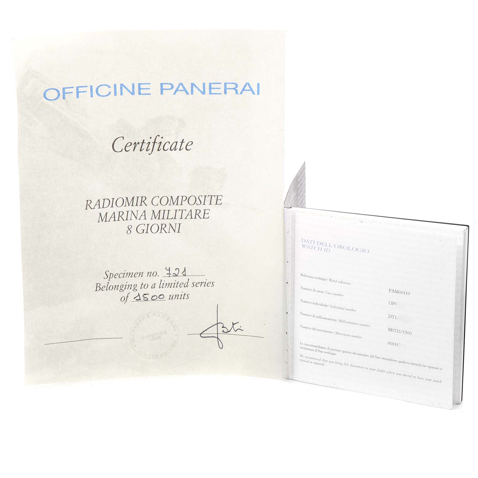 The image shows the certificate and identification paperwork for a Panerai Radiomir model PAM00339, highlighting its limited edition status.