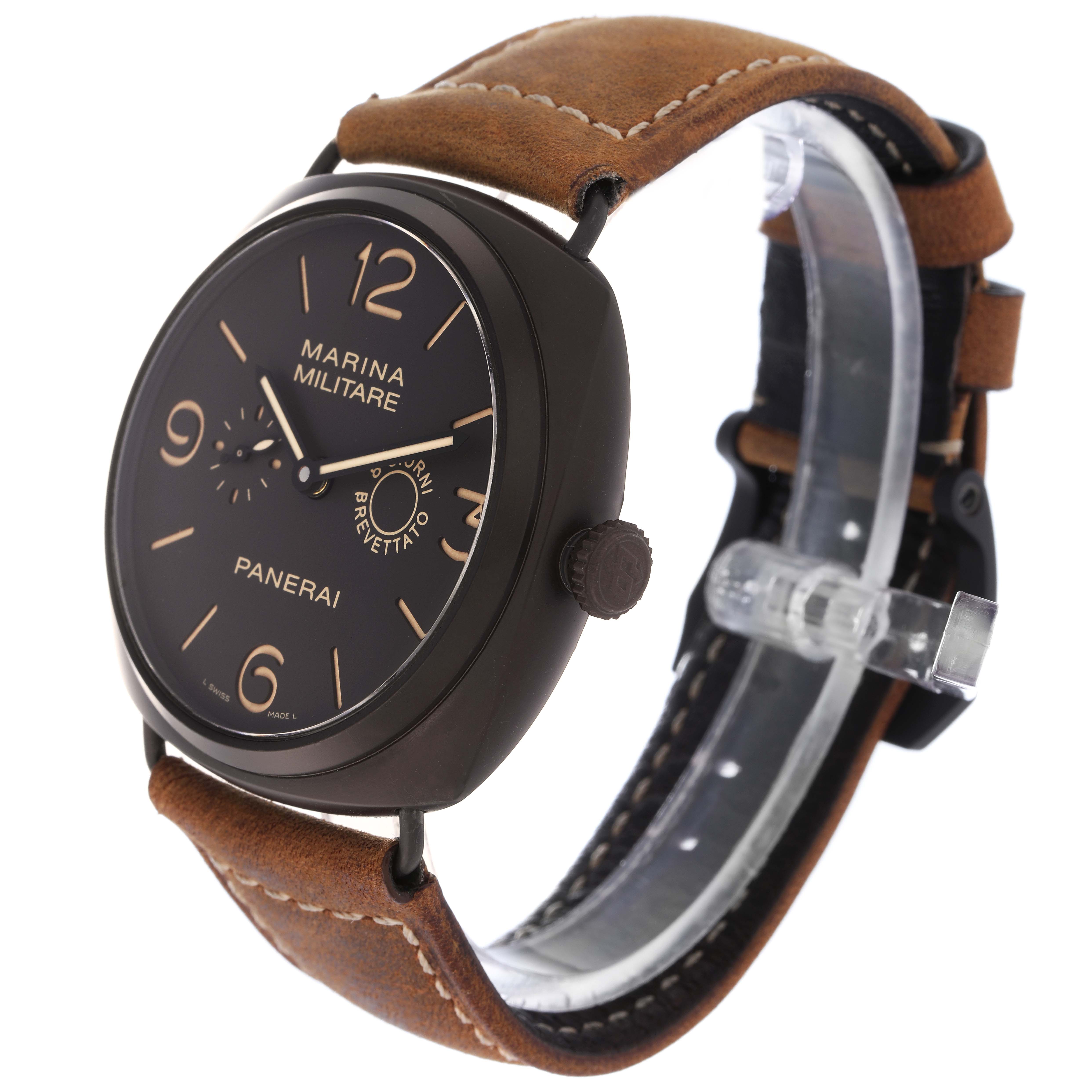 The Panerai Radiomir PAM00339 is shown from an angled side view, highlighting the dial, crown, and brown leather strap.