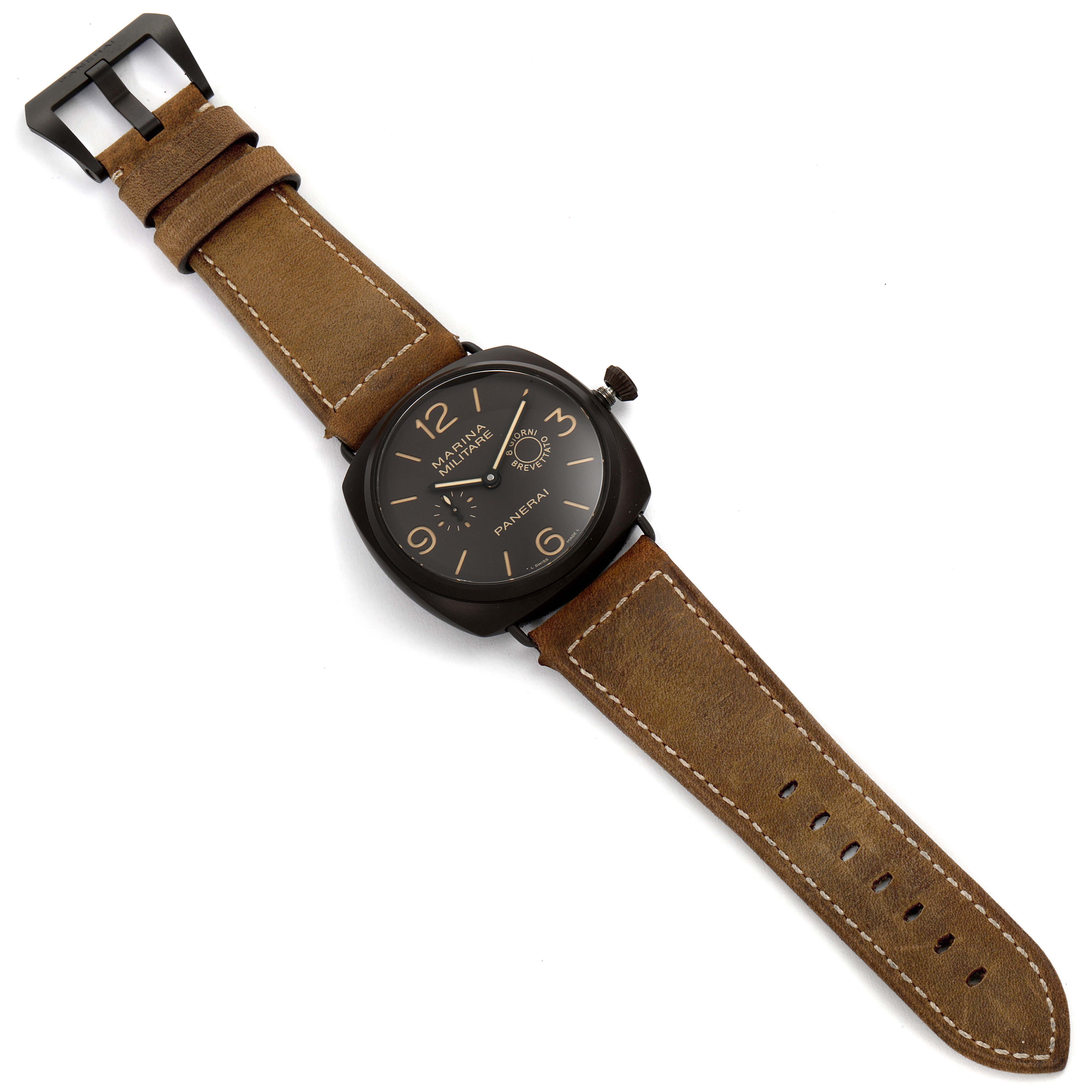 The Panerai Radiomir PAM00339 men's watch is shown from an angled top view, displaying the dial, case, crown, and brown leather strap.
