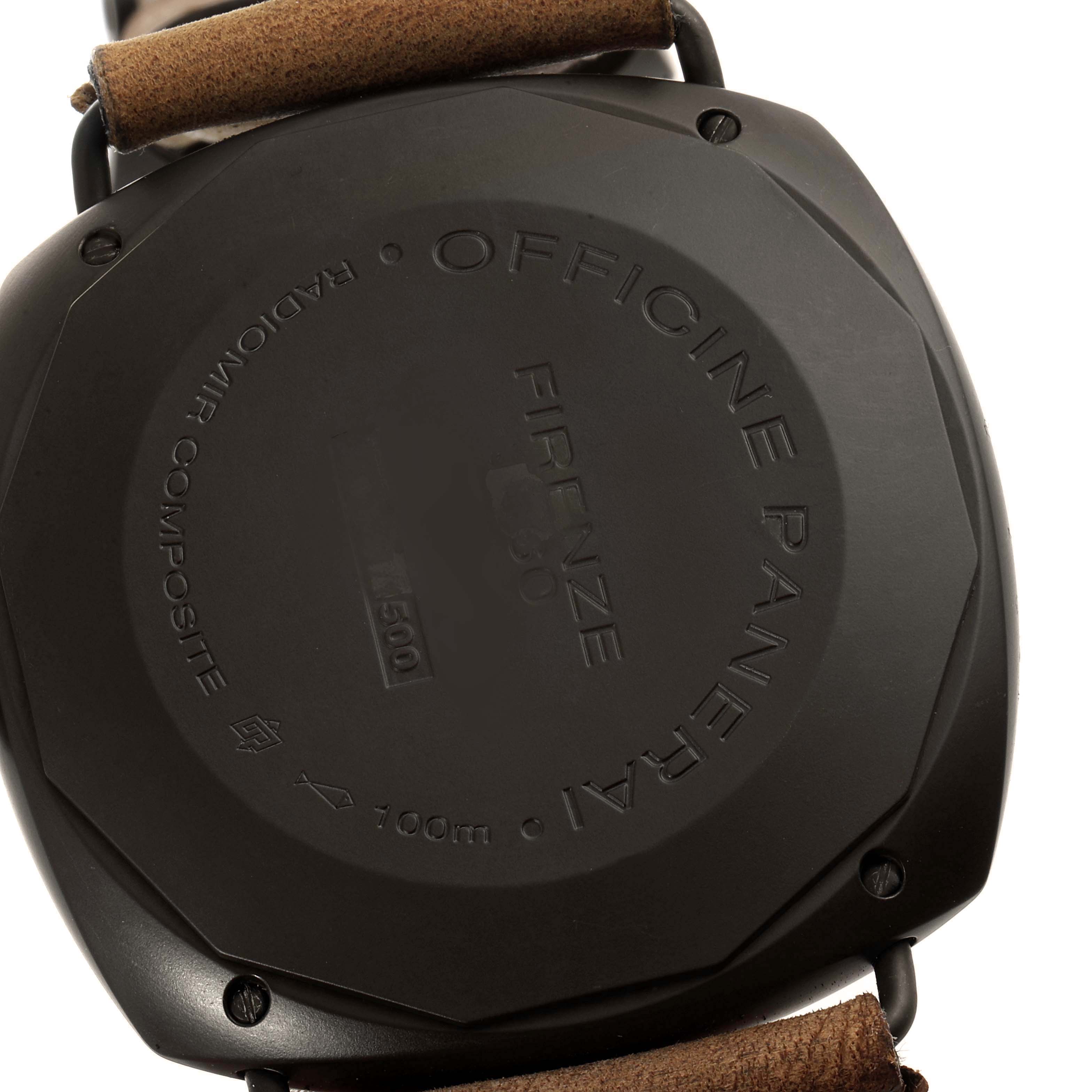 The image shows the back of the Panerai Radiomir PAM00339 men's watch, highlighting the engravings and strap attachment.
