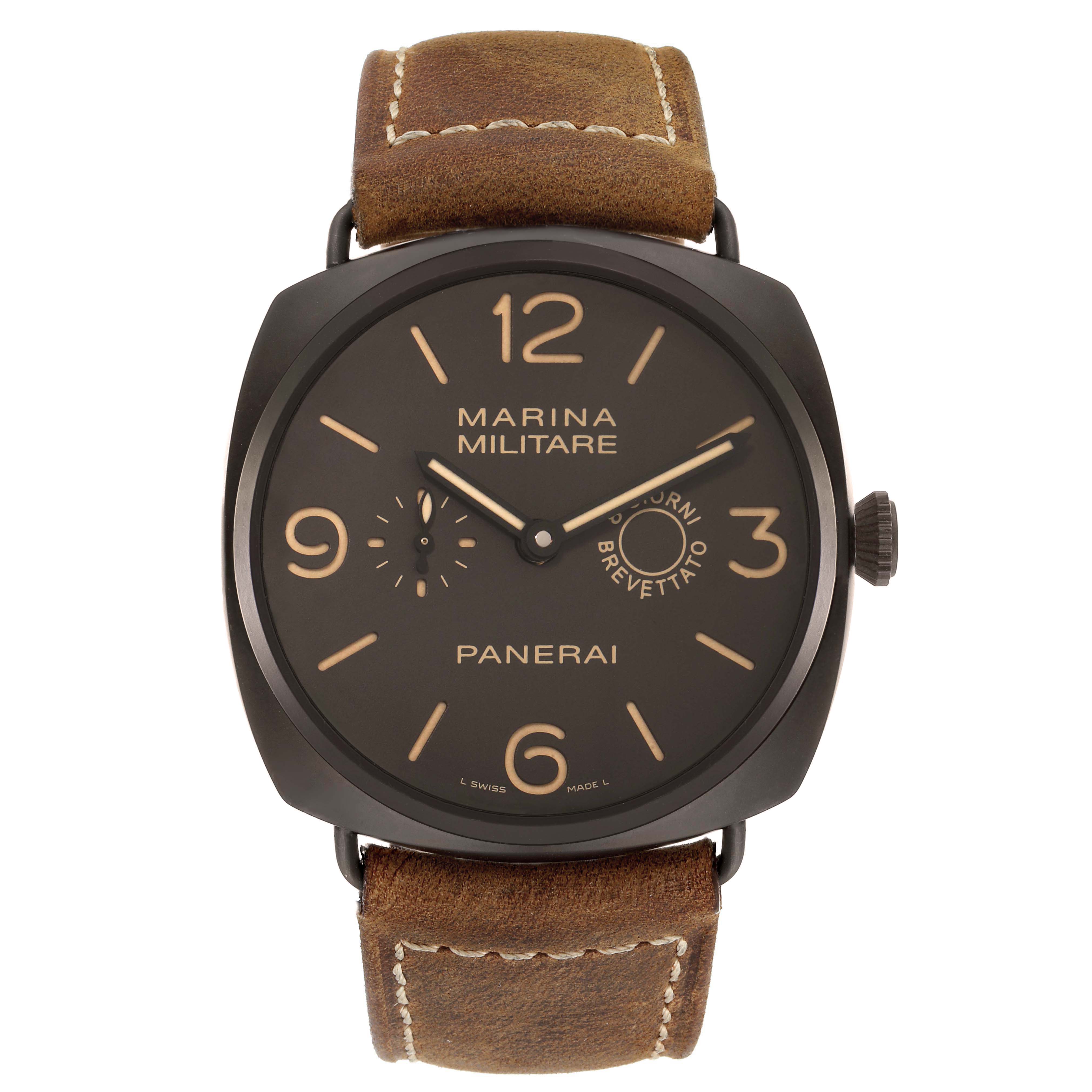 The Panerai Radiomir PAM00339 men's watch is shown from a front angle, displaying the face, dial, hands, and brown leather strap.