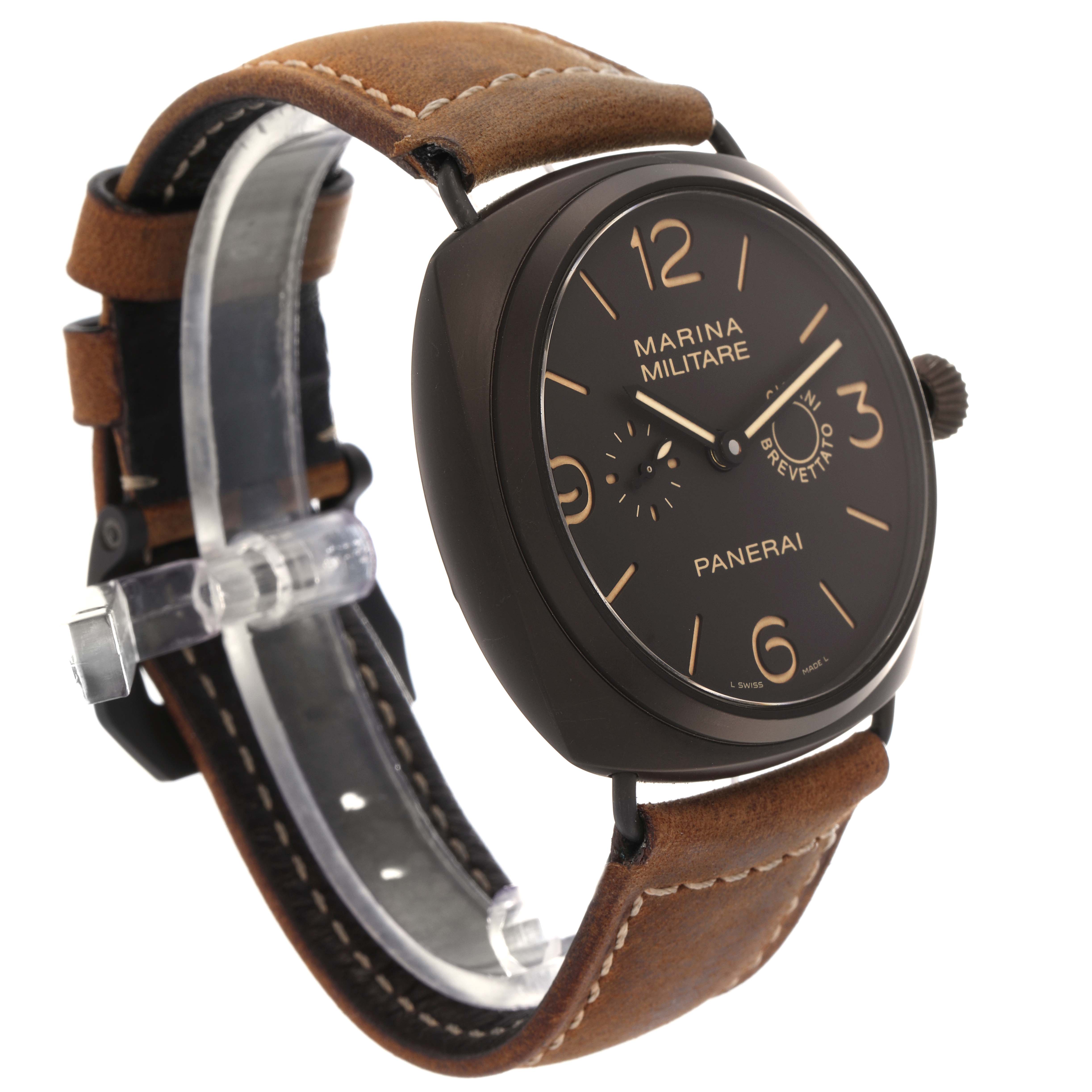 The image shows a Panerai Radiomir PAM00339 men's watch at a side angle, highlighting its brown strap, black dial, and crown.