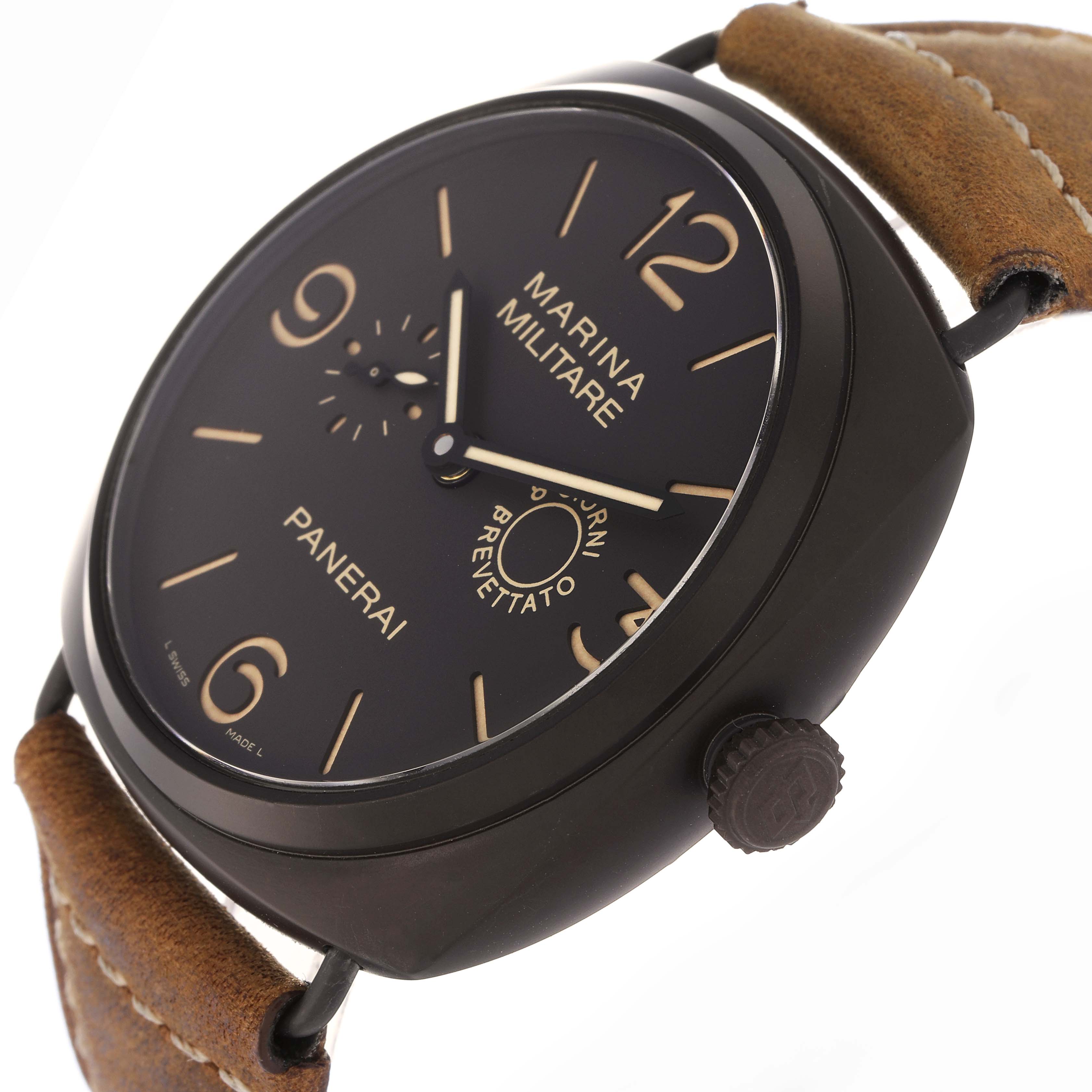 The image shows a side angle of the Panerai Radiomir PAM00339 men's watch, highlighting the dial, numerals, case, crown, and leather strap.