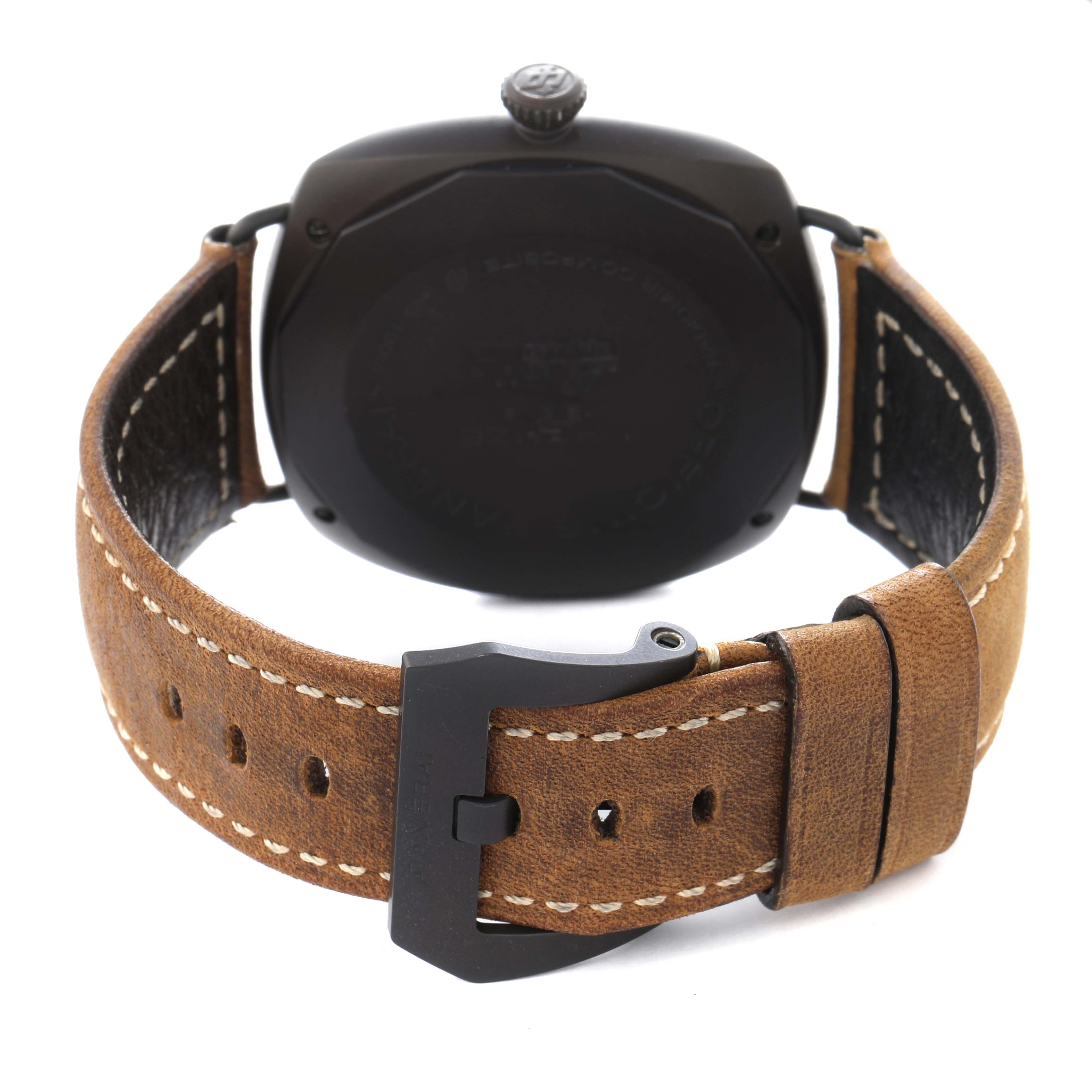 The image shows the back of a Panerai Radiomir PAM00339 men's watch, highlighting its brown leather strap and black buckle from a rear angle.