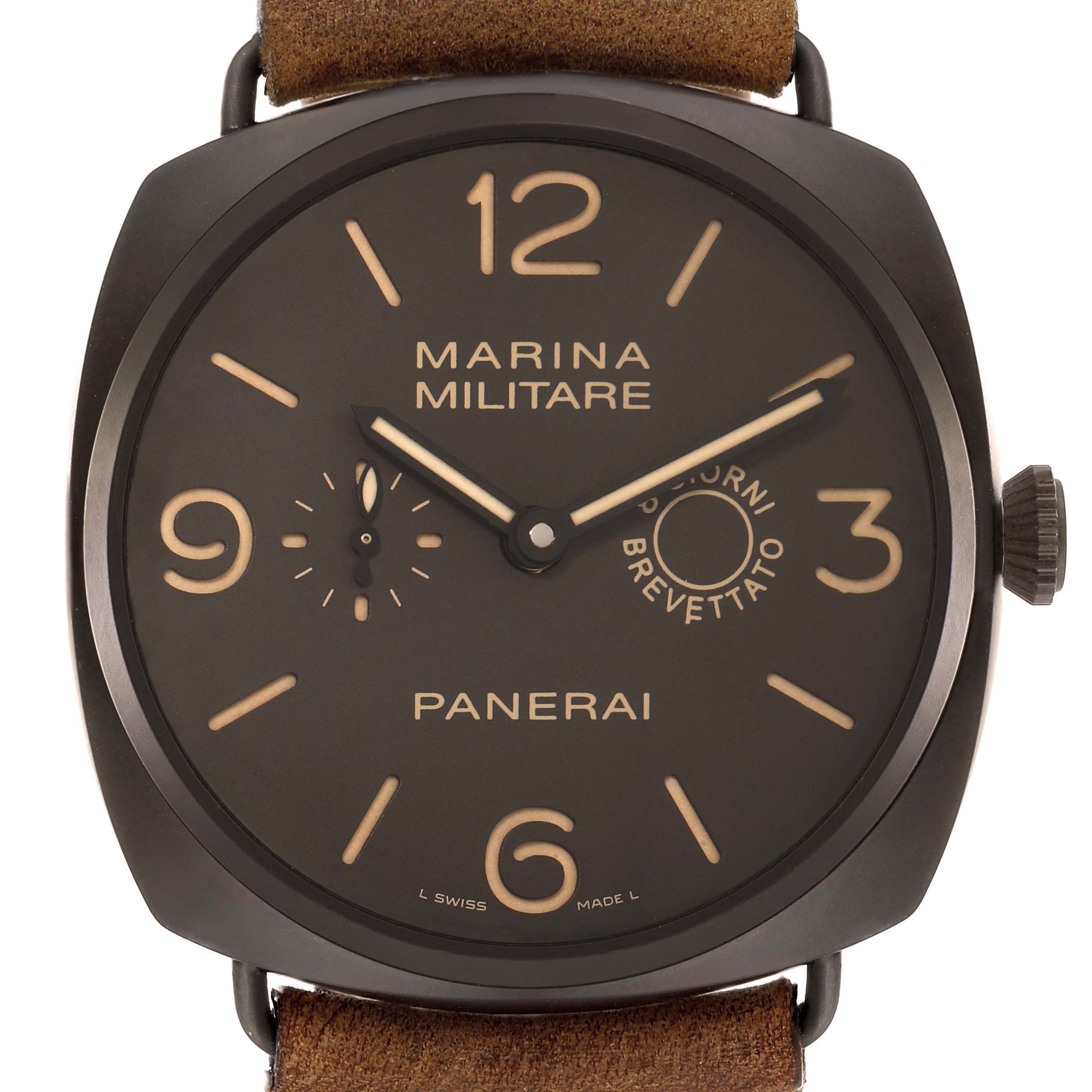 The image shows a front view of the Panerai Radiomir PAM00339 men's watch, highlighting the dial, hands, and crown.